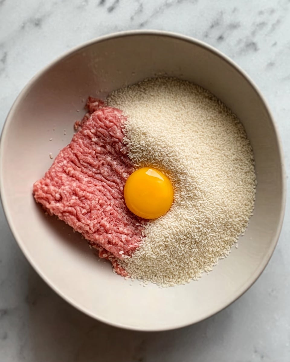 In a white bowl on a white marbled surface, there is a light pink raw ground meat layer folded on the left side. On top of the meat near the center, a small bright yellow raw egg yolk sits unbroken. To the right of the meat, a pile of white dry rice grains fills the rest of the bowl. The bowl has a smooth texture and rounded edges. Photo taken with an iphone --ar 4:5 --v 7