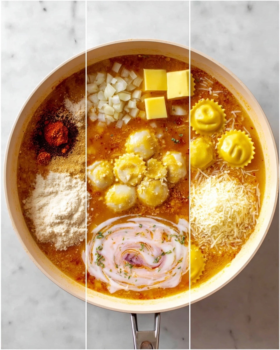 A white pan on a white marbled surface shows a cooking process in 12 steps: first, two yellow butter cubes melt in clear oil; then several small white garlic pieces are added and cooked until soft; white diced onions follow, becoming translucent; white flour is sprinkled over the softened mixture; a yellow thickened paste forms; a light brown broth with floating bits is poured in; dark red and black spices are added on top; it turns into a deeper reddish-brown sauce; yellow ravioli pieces are laid on the sauce; a swirl of white cream and grated cheese top the ravioli; finally, the sauce thickens and the ravioli are covered in a creamy, pinkish sauce with small green herb leaves scattered on top photo taken with an iphone --ar 4:5 --v 7