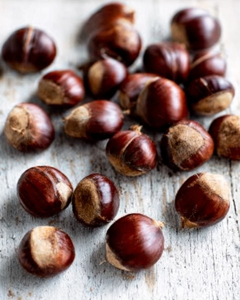 The image shows many chestnuts spread out loosely on a white, worn wooden surface replaced with a white marbled texture. The chestnuts have smooth, shiny brown shells with some light tan, rough patches. They are scattered unevenly, with a few chestnuts having split shells revealing the pale inside. The lighting softly highlights the gloss on the shells and the texture of the wood underneath. photo taken with an iphone --ar 4:5 --v 7