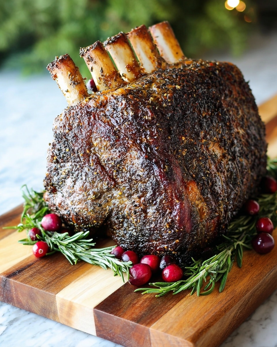 A large roast with four visible ribs sticking out stands upright on a wooden cutting board with a mix of light and dark wood tones. The roast has a dark, crispy outer layer seasoned with herbs and pepper, with some areas textured and golden-brown. Around the base, there are sprigs of fresh green rosemary and bright red cranberries scattered for decoration. The background is blurred with a hint of greenery and soft natural light from the side, and the surface underneath is a white marbled texture. photo taken with an iphone --ar 4:5 --v 7