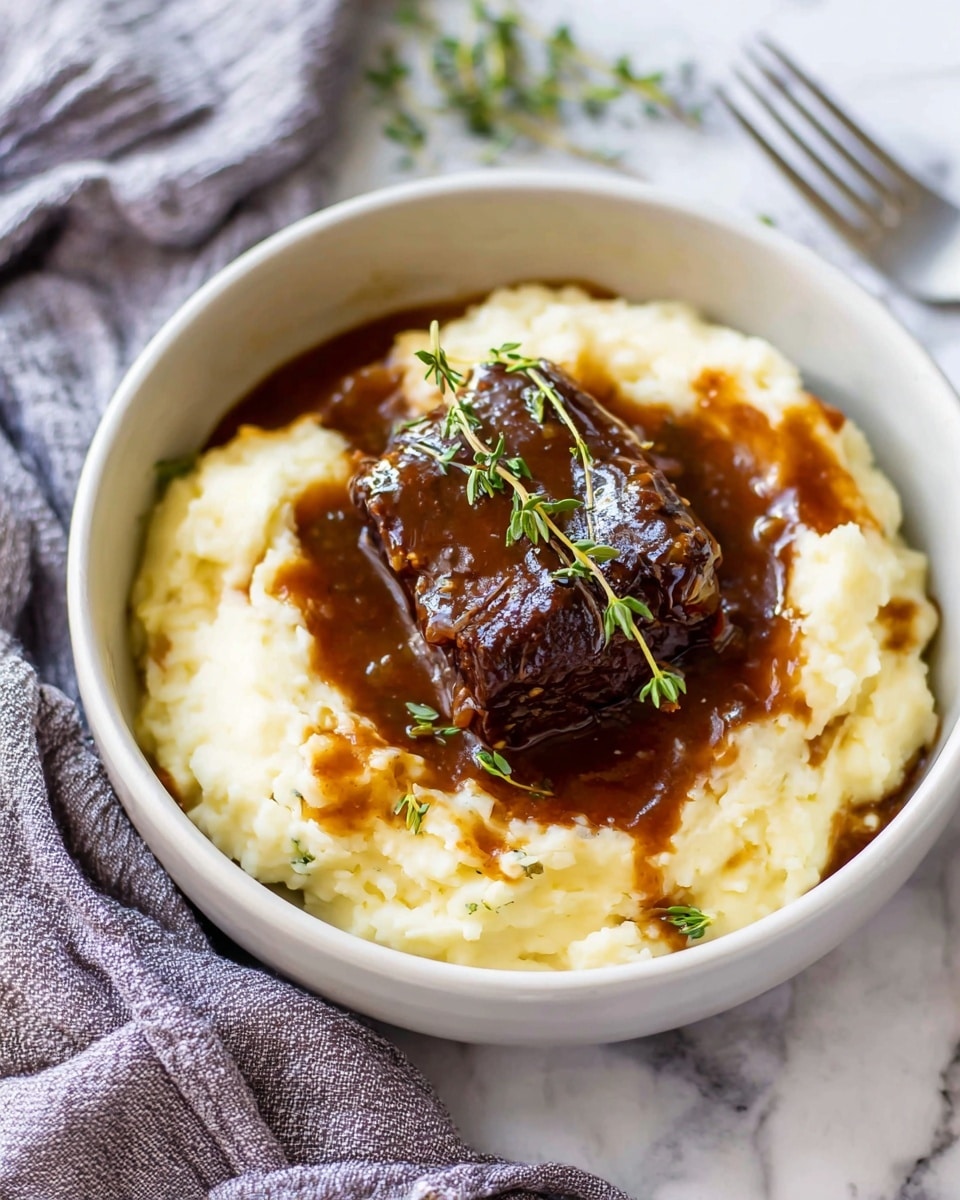 A bowl with creamy mashed potatoes fills the base layer, pale yellow with a smooth, slightly lumpy texture, surrounding a rich dark brown square piece of meat glazed with shiny brown sauce. The sauce pools gently around the meat and slightly over the potatoes. On top of the meat, a few small sprigs of fresh green thyme add a pop of color. The bowl is white and sits on a white marbled surface, near a fork and a soft textured gray cloth. Photo taken with an iphone --ar 4:5 --v 7