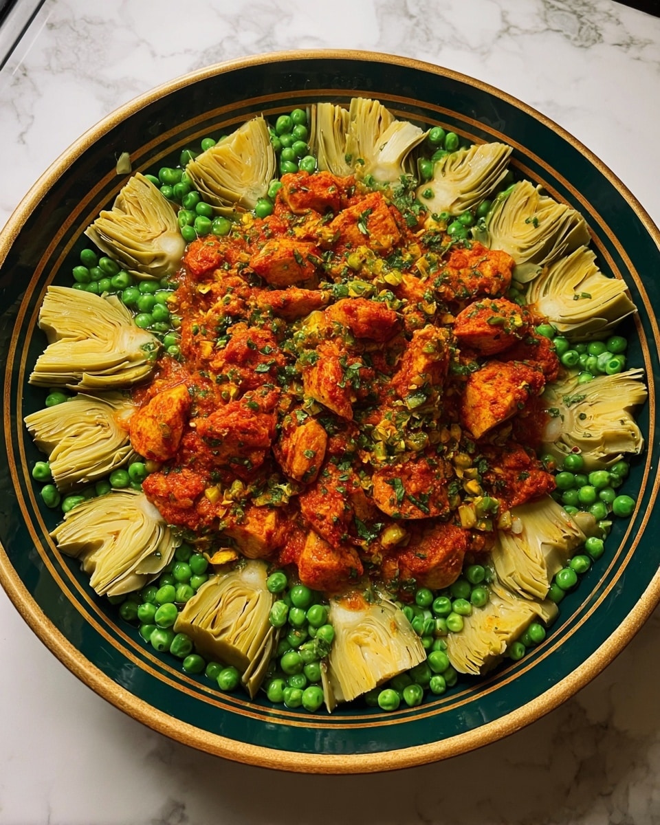 A round dark green bowl with a gold rim holds a layered dish on a white marbled surface. The bottom layer consists of bright green peas spread evenly across the base. Around the edge of the bowl, pale yellow artichoke pieces are arranged in a ring, their soft texture and folded leaves visible. In the center, chunky pieces of reddish-orange seasoned food are piled, mixed with small bits of yellow and green herbs and spices, adding texture and color contrast. The overall look is vibrant with green, yellow, and red shades in neat layers photo taken with an iphone --ar 4:5 --v 7