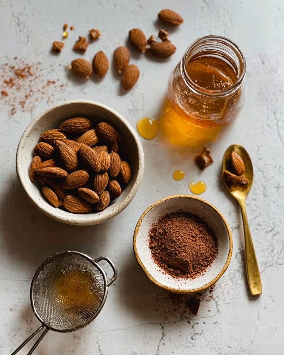 The image shows two white bowls on a white marbled surface; one bowl is filled with almonds, and the other has a few almonds scattered inside. In front of the bowls, there is a small round sieve containing brown powder, likely cocoa or cinnamon, and a golden spoon holding honey. Behind the bowls, there is a clear glass jar filled with honey, one teaspoon partly inside the jar. The surface has a natural texture with scattered honey drops and some almond pieces. Photo taken with an iphone --ar 4:5 --v 7