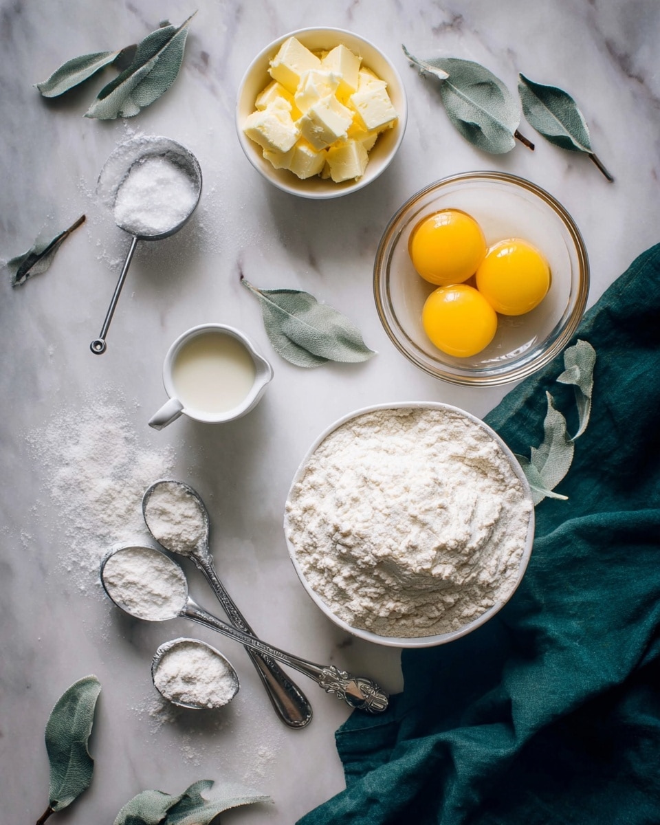 The image shows baking ingredients arranged on a white marbled surface. There is a white bowl filled with white flour at the bottom right, a glass bowl holding three bright yellow egg yolks on the right side over a dark green cloth, and a small white bowl filled with pale yellow butter chunks at the top left. A small silver scoop filled with white sugar lies near the top center, while a tiny white cup with cream or milk is placed below it near the center. At the bottom left, there is a set of silver measuring spoons with white powder in one of them. Scattered pale green dried leaves add natural accents around the ingredients. Photo taken with an iphone --ar 4:5 --v 7