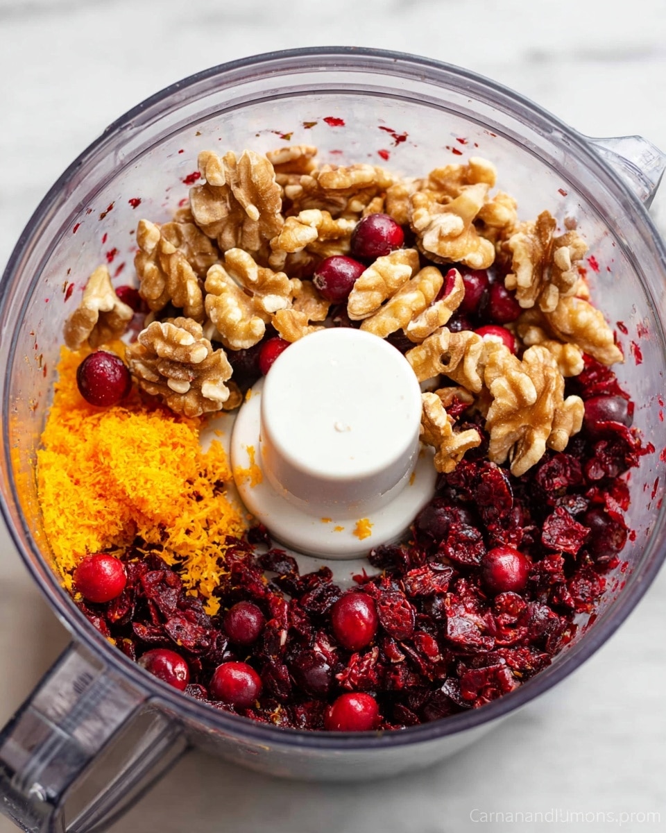 A clear food processor bowl is filled with three layers of ingredients: the bottom layer has bright orange zest, the middle layer shows dark red and red cranberries, and the top layer has light brown walnut halves scattered unevenly over the cranberries. The food processor blade is visible in the center with a white plastic top. The bowl sits on a white marbled surface photo taken with an iphone --ar 4:5 --v 7