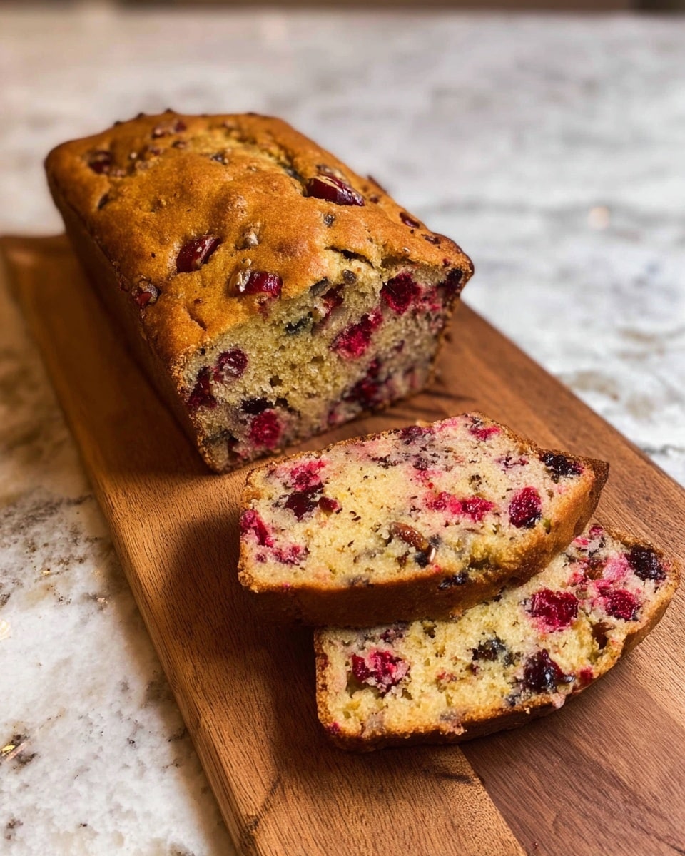 A loaf of fruit and nut bread with a golden brown crust sits on a wooden cutting board on a white marbled surface. Two slices are placed in front of the loaf, showing a textured inside filled with bright red berries and dark nuts spread evenly through the light yellowish bread. The crust looks slightly crispy and the inside moist, with visible chunks of fruit and nuts creating a colorful, uneven pattern throughout. photo taken with an iphone --ar 4:5 --v 7