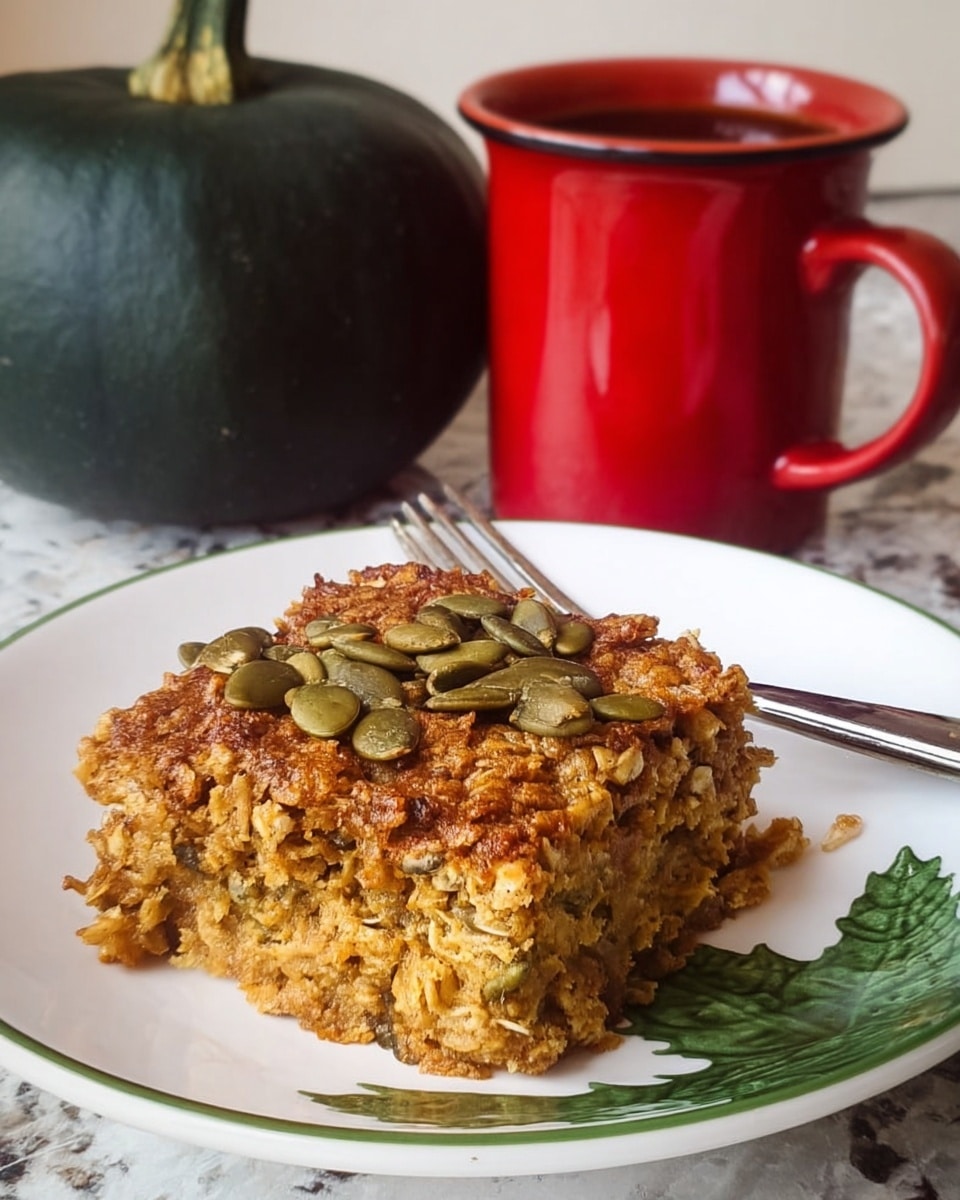 A square piece of oatmeal bake with a rough textured top sprinkled with green pumpkin seeds sits on a white plate with a green rim and a green leaf design on the right edge. The oatmeal looks moist and dense with a light brown color, and the top is a darker browned golden shade. Behind the plate, there is a white marbled surface holding a dark green acorn squash on the left and a tall red mug with a handle on the right. A silver spoon lies on the plate behind the oatmeal. photo taken with an iphone --ar 4:5 --v 7