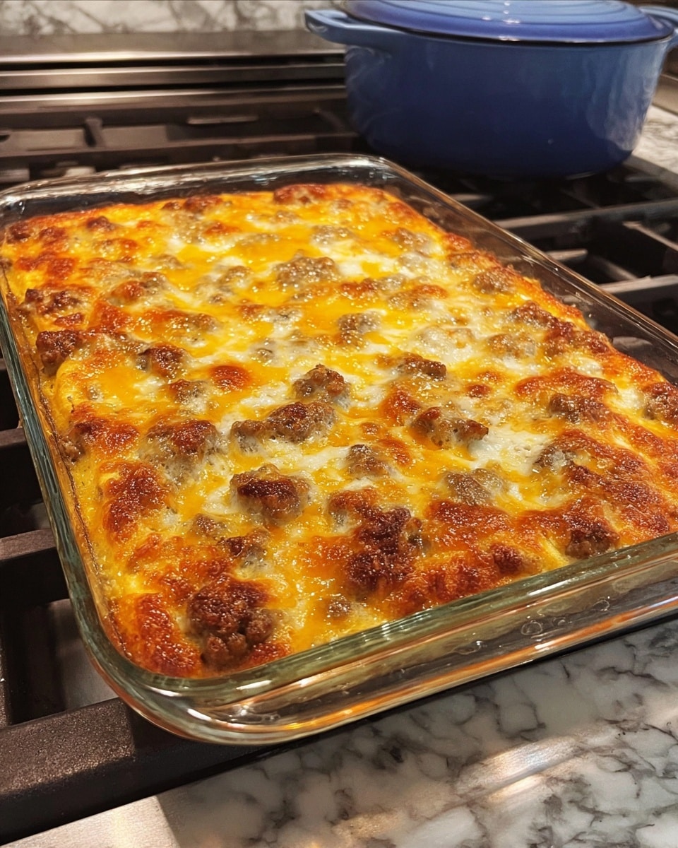 A glass rectangular baking dish filled with a baked casserole showing a golden brown top layer of melted cheese with bubbly, slightly crispy edges, and scattered brown bits of cooked sausage throughout, resting on a stove with a metal grate and a blue pot in the background. The surface beneath the dish is changed mentally to a white marbled texture. Photo taken with an iphone --ar 4:5 --v 7
