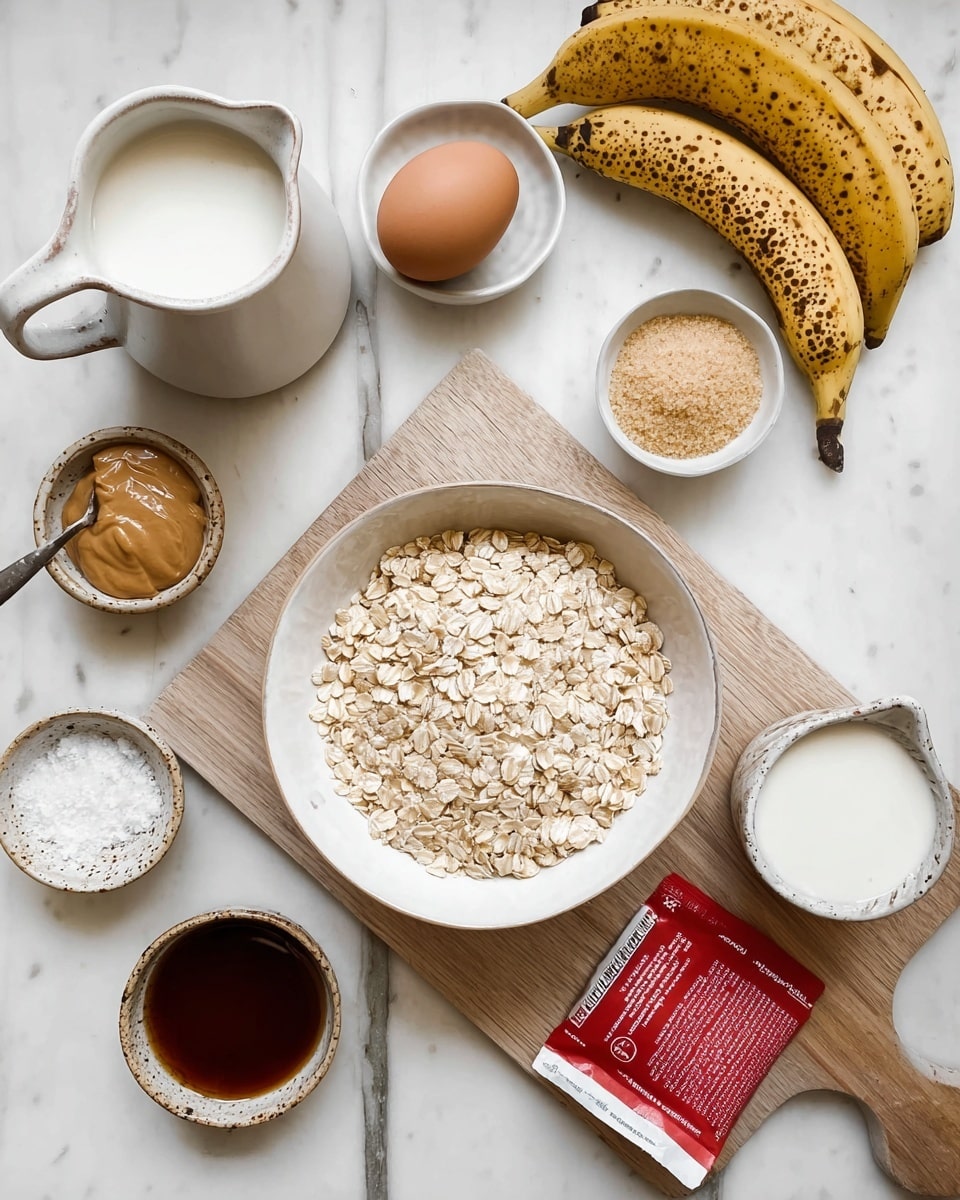 The image shows a white bowl filled with pale beige oats in the center on a white marbled surface. To the upper right, there are two yellow bananas with brown spots. Near the bananas, a white dish holds a brown egg. Below the egg dish is a white pitcher filled with white milk. Above the oats, there is a small white bowl containing light golden brown sugar. To the left of the oats, a small rustic pottery cup with a spoon inside holds smooth light brown peanut butter. Below that, a small white dish with black speckles holds white baking soda and salt. On the lower left side, there is a small round white bowl filled with dark amber vanilla extract, placed on a light wooden board. In the lower right corner, a partially visible red packet adds a pop of color to the setup. Photo taken with an iphone --ar 4:5 --v 7