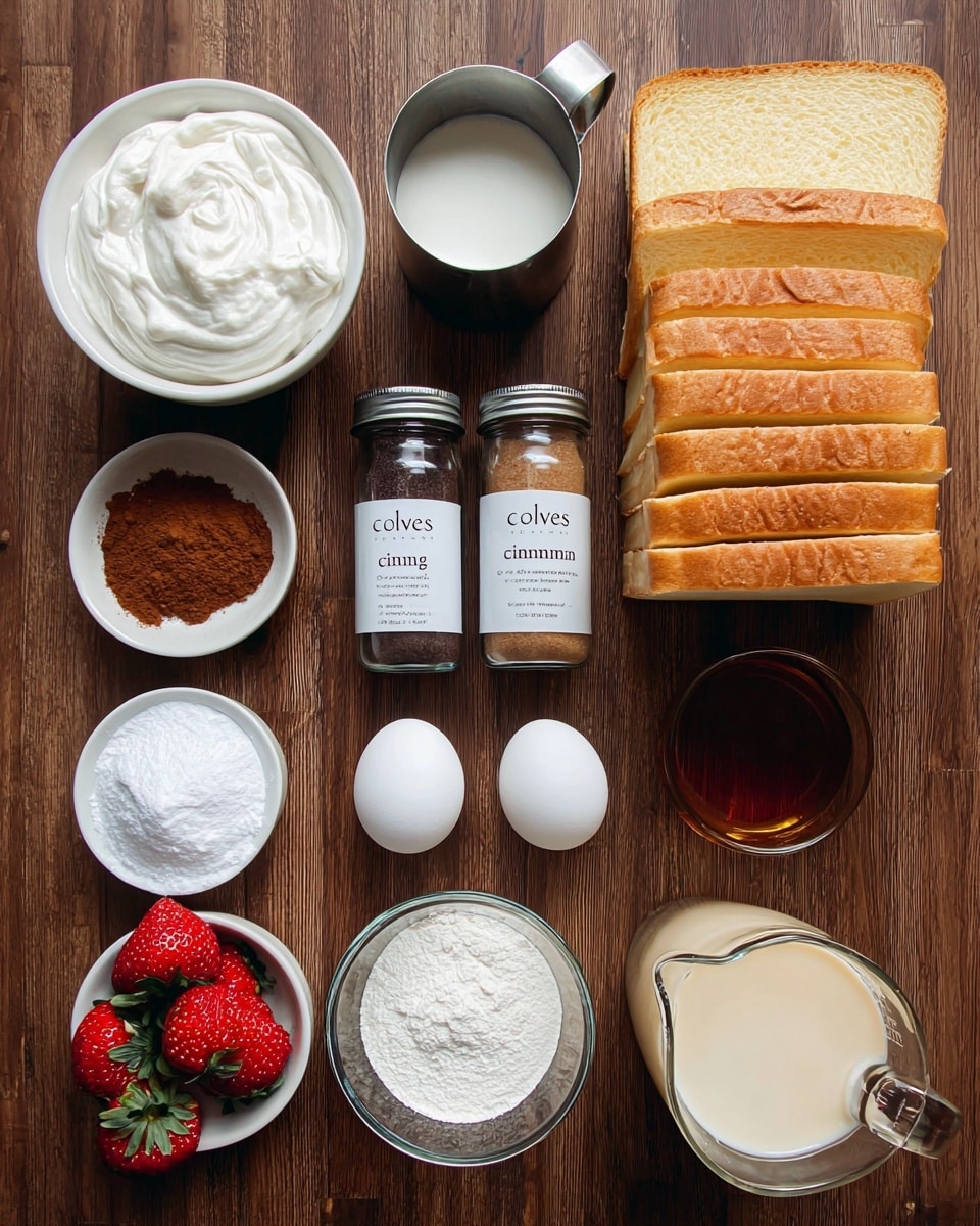 The image shows a neat arrangement of baking ingredients on a brown wooden table. On the top right, there are eight stacked slices of light golden bread with a soft texture. Near the top left, there is a white bowl filled with thick white cream. Next to it is a metal measuring cup with some white liquid inside, and below are two glass spice jars labeled 