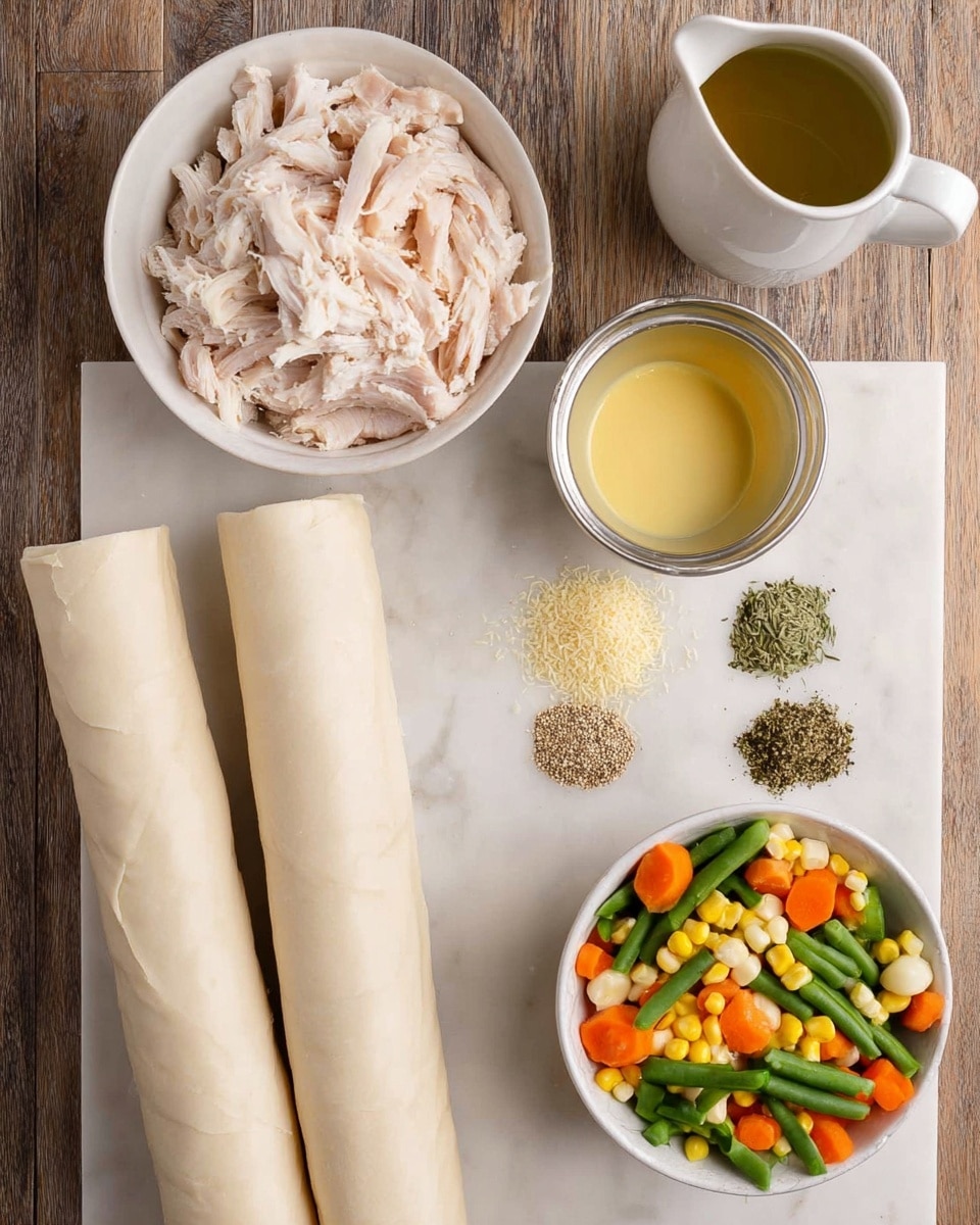 The image shows six ingredients arranged on a white marbled surface. At the top left is a white bowl filled with shredded cooked chicken in pale pink and white colors. To its right is a white pitcher holding light golden-yellow oil. Below these, near the center, is a small silver bowl with thick, pale yellow sauce. To the right of this bowl is a white plate holding three distinct piles of seasonings: black pepper, light tan breadcrumbs, and dried green herbs, each arranged separately. At the bottom right is a white bowl full of frozen mixed vegetables, including green beans, orange carrot cubes, green peas, and yellow corn. On the left side, two long rolls of uncooked pale dough wrapped in parchment paper lay parallel to each other vertically across the wooden surface. photo taken with an iphone --ar 4:5 --v 7