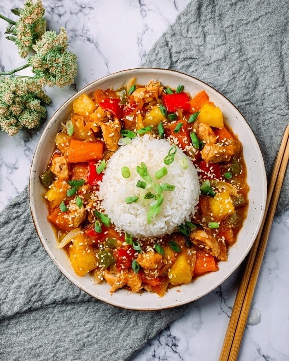 A round white plate holds a meal divided into two main sections: on the left half is a layer of plain white rice with a fluffy texture, and on the right half is a colorful mix of pulled chicken, chunks of green bell pepper, and sweet potato pieces all coated in a rich, dark reddish-brown sauce with a thick, glossy look. Next to the plate, on a white marbled surface, there is a small white bowl containing creamy light orange spiced yogurt sauce. The background is a warm orange color. Photo taken with an iphone --ar 4:5 --v 7
