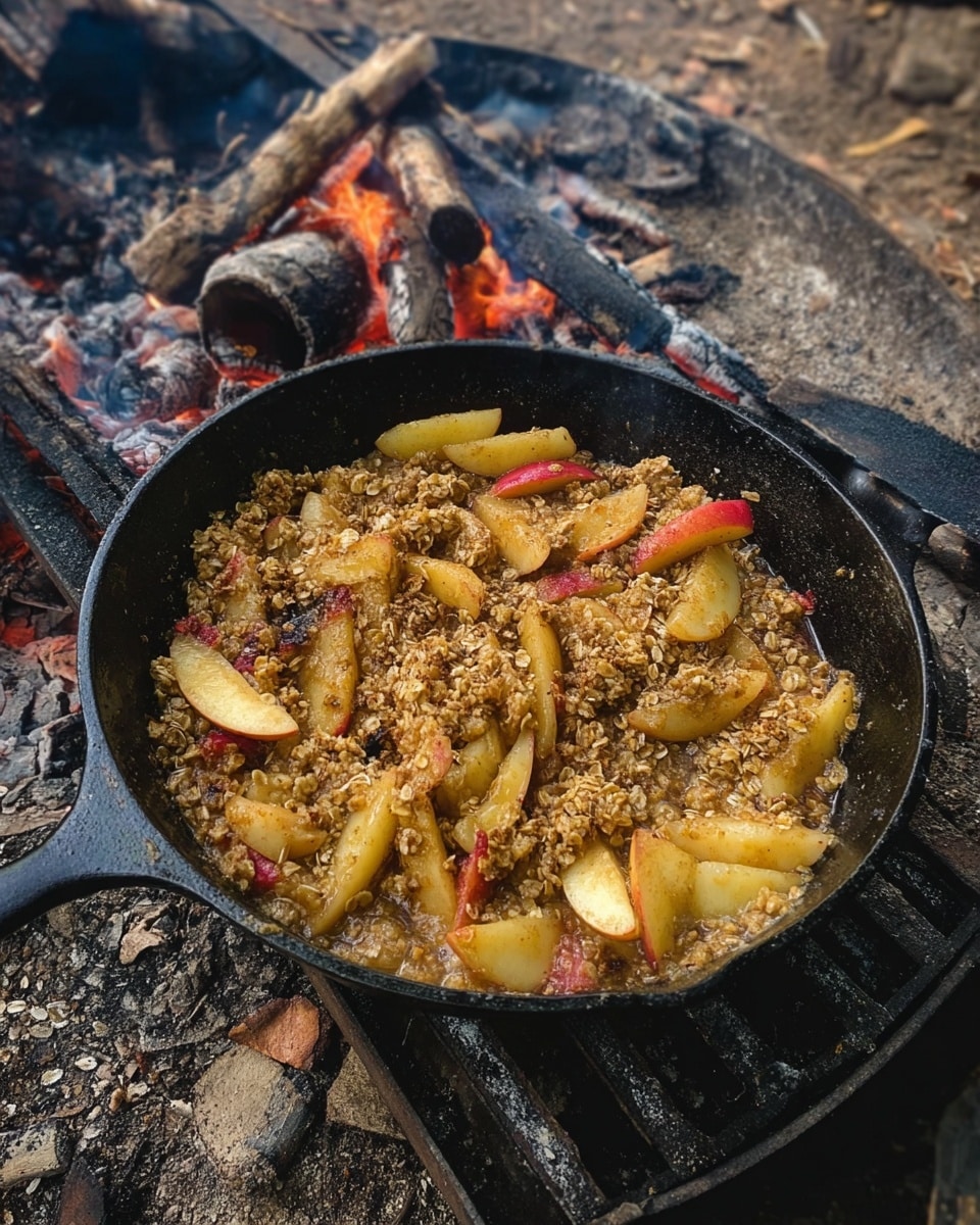 A black cast iron skillet is filled with a mix of sliced apples and oats cooking together, showing a mix of light yellow and red apple pieces with a coarse, golden oat texture spread evenly on top. The skillet sits on a grill over a fire pit with glowing coals and a few small flames visible, and bits of wood and ash are around the fire. The scene is outdoors with natural light, and the overall look is warm and rustic. photo taken with an iphone --ar 4:5 --v 7