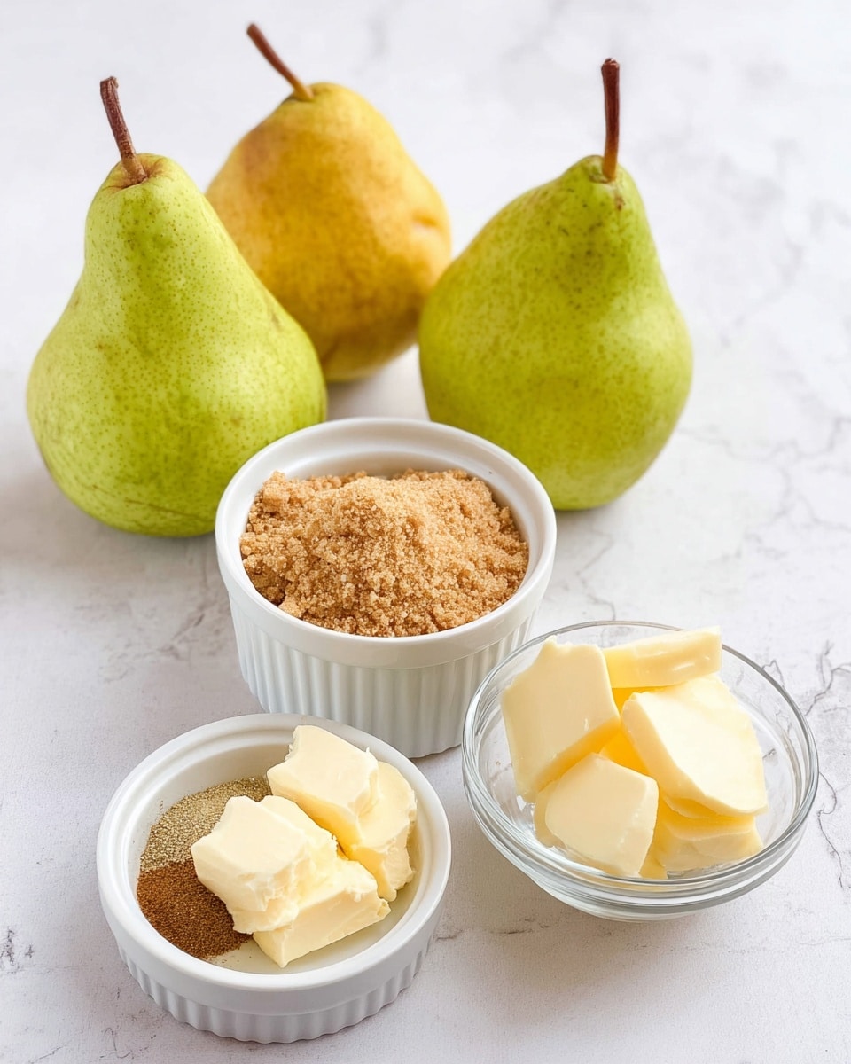 The image shows four whole pears of different yellow and green shades, placed on a white marbled surface at the back. In front of them, there are three white ramekins: the largest holds light brown sugar with a crumbly texture, the medium one contains a mix of ground spices in shades of brown and beige, and the smallest clear glass bowl has pale yellow slices of butter. The ingredients are neatly arranged in a simple, clean setting. Photo taken with an iphone --ar 4:5 --v 7