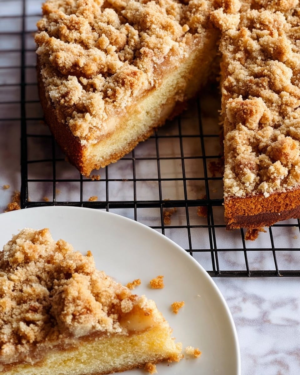 A crumb cake is shown from above on a white marbled surface with a black cooling rack underneath part of it. The cake has two visible layers: a bottom layer of golden yellow cake with a soft texture, and a thick top layer of uneven, crumbly, light brown streusel scattered generously over the surface. A white plate holds a slice of the crumb cake with crumbs scattered around it, and more crumb pieces are seen on the marbled surface near the cake. The lighting highlights the rough texture of the crumb topping and the soft cake beneath. Photo taken with an iphone --ar 4:5 --v 7
