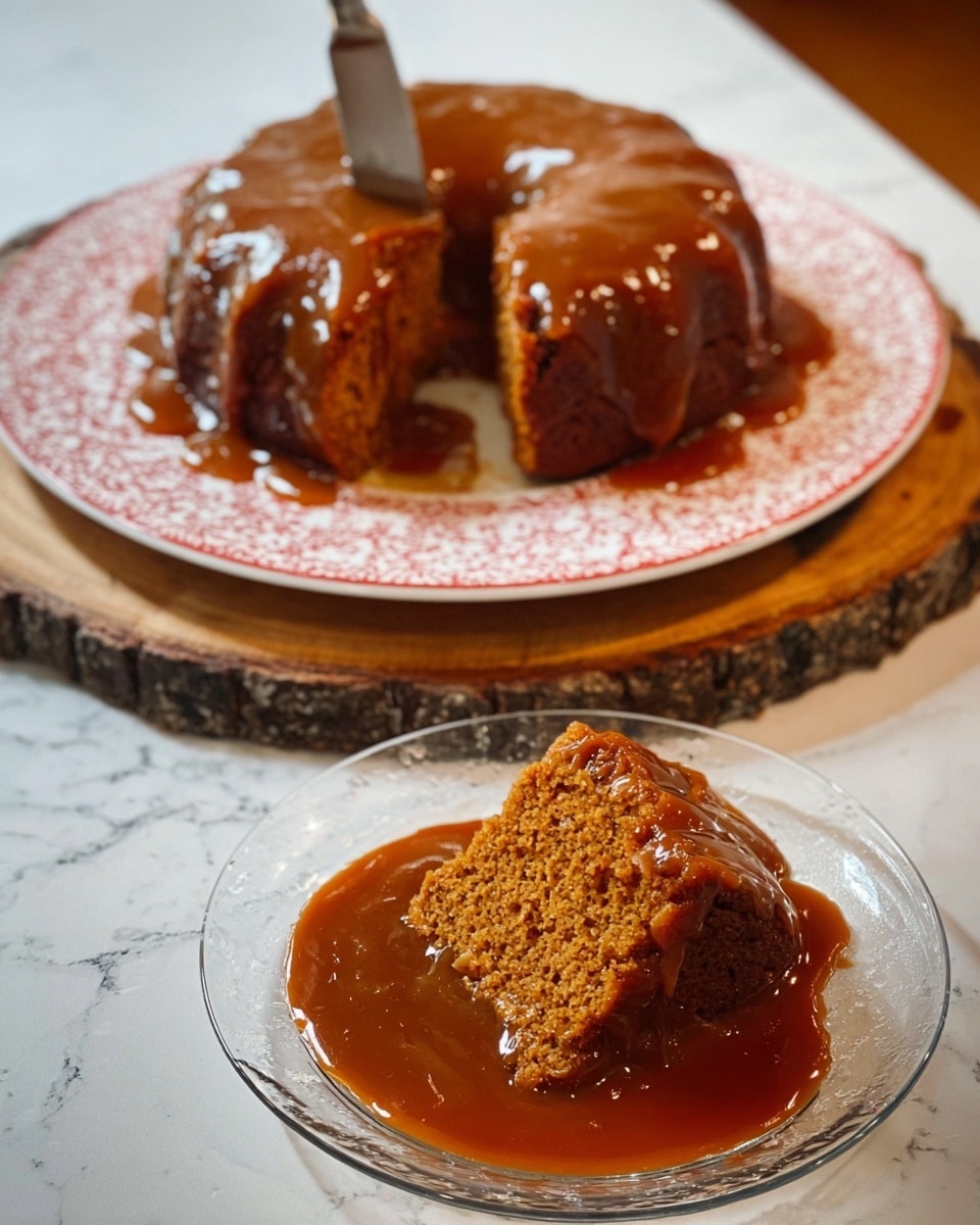 The image shows a round, brown cake with a glossy caramel sauce covering the top and dripping down the sides, placed on a white plate with a red pattern, which sits on a wooden board with bark edges. A knife is stuck into the cake, revealing a moist and textured inside with a warm orange-brown color and small dark spots. In front, a slice of the cake is served on a clear glass plate, covered in the same shiny caramel sauce pooling around its base. The background features a clean white marbled surface. photo taken with an iphone --ar 4:5 --v 7