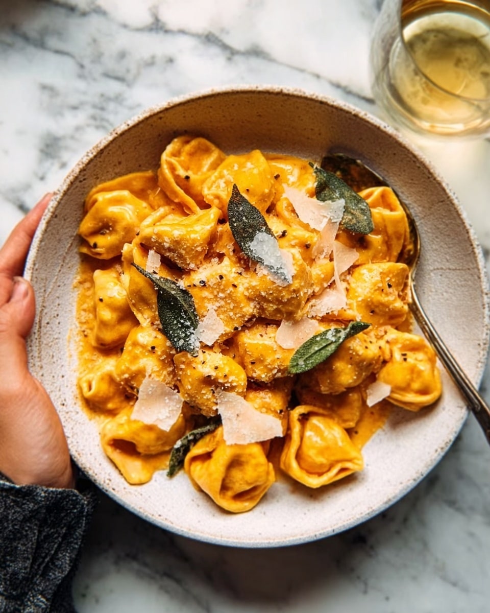 The image shows a white bowl filled with orange pasta pieces covered in a creamy sauce, garnished with crispy sage leaves and thin slices of cheese on top. The pasta looks soft and slightly folded, with the sauce giving a smooth and shiny texture. A woman's hand is gently holding the bowl on the right side. The bowl is placed on a white marbled surface with a glass of light yellow drink in the background. Photo taken with an iphone --ar 4:5 --v 7