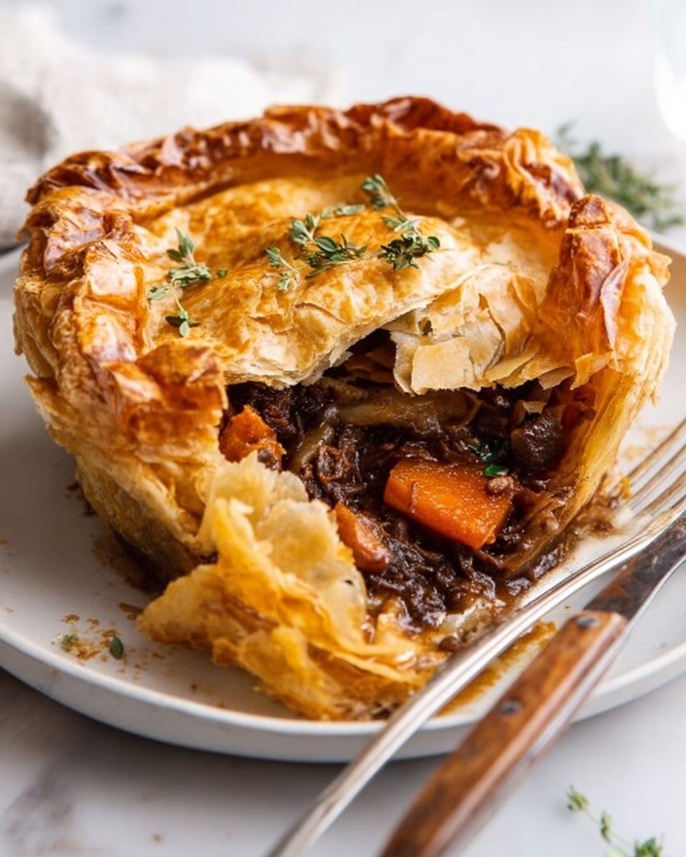 The dish shows a golden brown pie with flaky and crispy pastry layers on top and sides, slightly torn to reveal the inside. Inside, there is a dark brown, chunky filling mixed with orange, carrot-like pieces and small green herbs scattered on top. The pie rests on a white plate set on a white marbled surface. A silver fork lies on the right side of the plate, and a wooden-handled knife is partially visible. The edges of the pie are crinkled and layered, showing a mix of smooth and crumbly textures. photo taken with an iphone --ar 4:5 --v 7