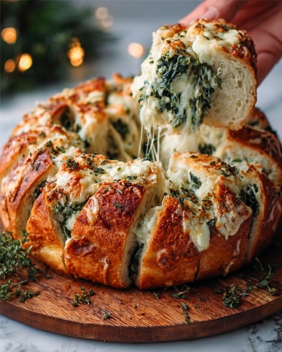 The image shows a round pull-apart bread with multiple soft layers of dough filled with green spinach and white melted cheese. The bread top is golden brown with some melted cheese spots and herbs sprinkled over. One piece is pulled out, showing stretchy white melted cheese oozing between the layers. The bread sits on a wooden board with some green herbs nearby, and the background is a white marbled texture. A woman's hand is gently pulling the bread piece to the side. Photo taken with an iphone --ar 4:5 --v 7