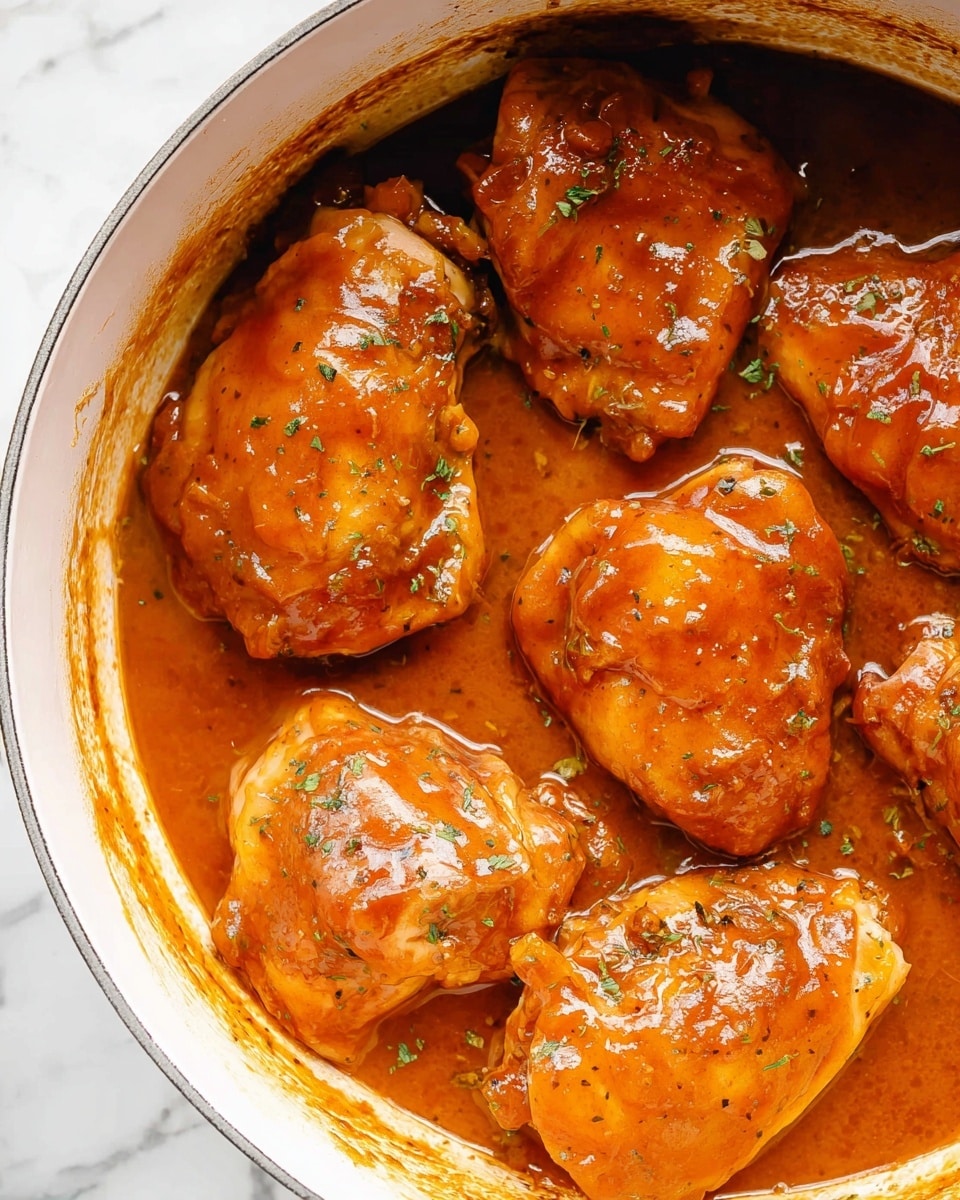 The image shows six pieces of cooked chicken in a white pot, each piece covered in a shiny, thick, orange-brown sauce with a smooth texture. The chicken pieces vary slightly in size and shape, each coated evenly with the sauce that pools around them. Small green herb bits are sprinkled on top of the sauce, adding a touch of color contrast. The inside rim of the pot shows some sauce residues, and the bright white pot highlights the warm tones of the chicken and sauce well. The background is a white marbled texture. photo taken with an iphone --ar 4:5 --v 7
