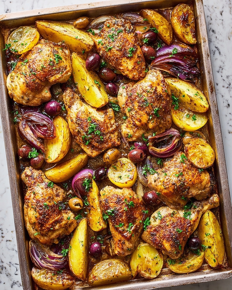A white oval plate holds seven pieces of cooked chicken with a brown, herb-covered, slightly crispy skin on top. The chicken pieces are arranged spread out, mixed with thick slices of roasted red onion showing purple layers and slightly charred edges. There are six lemon wedges placed around and on top of the chicken, adding bright yellow color. Fresh green chopped herbs are sprinkled over the chicken and onions for contrast. The plate sits on a white marbled surface with part of a small white bowl of sauce and a gray cloth visible on the side. Photo taken with an iphone --ar 4:5 --v 7