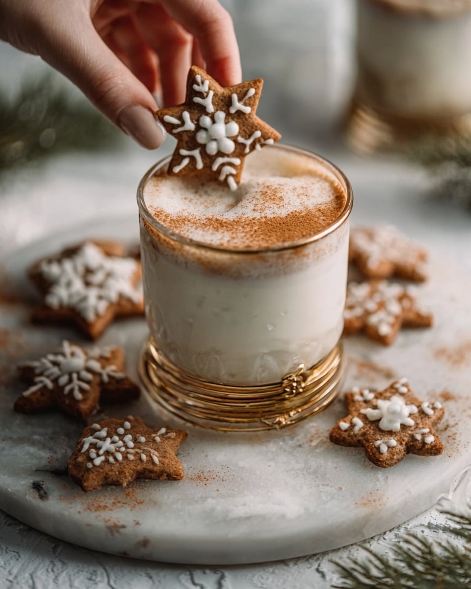 The image shows a clear glass with two layers of white creamy drink topped with a thin layer of brown spice powder. The glass has a gold band near the bottom and is placed on a large white marbled tray. Around the glass, there are several brown star-shaped cookies decorated with white icing in different patterns. A woman's hand is about to place or pick one cookie on the rim of the glass. The background is a white marbled surface, giving a clean and festive feel. photo taken with an iphone --ar 4:5 --v 7