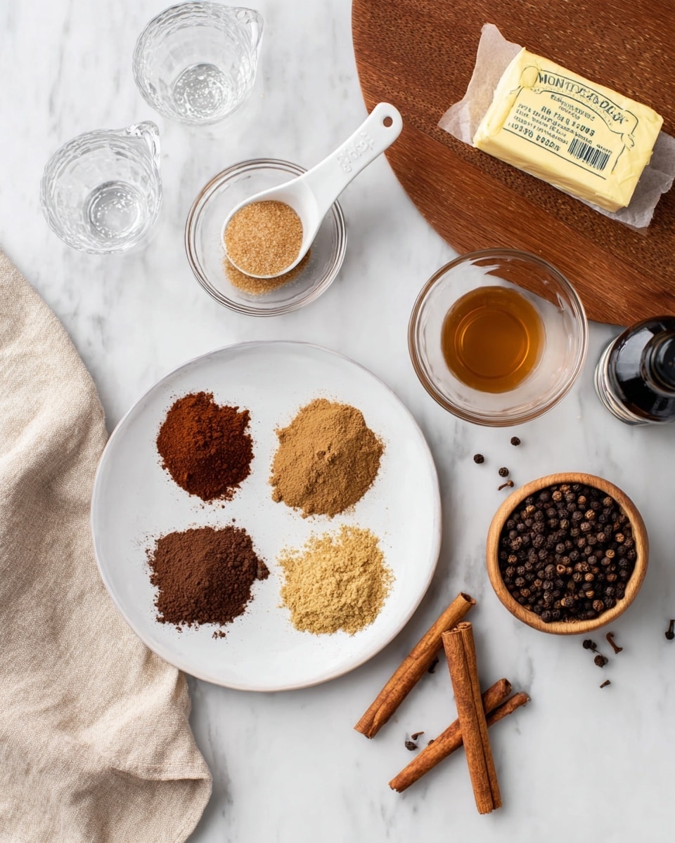 The image shows a white plate with three piles of ground spices, arranged near the center bottom; the top pile is dark reddish-brown, the left pile is light brown, and the right pile is medium brown. To the right of the plate, two cinnamon sticks lie crossed on the white marbled surface. Above the plate is a stick of butter wrapped in paper, and to its left is a white measuring spoon filled with brown sugar. Next to the sugar is a small glass bowl with light brown liquid. Near the top right corner is a small wooden bowl filled with round dark brown peppercorns and a dark bottle. In the top left area, there are two clear empty glass cups with handles on a round wooden tray. A beige cloth partially covers the left side of the white marbled surface with some cloves scattered nearby. Photo taken with an iphone --ar 4:5 --v 7