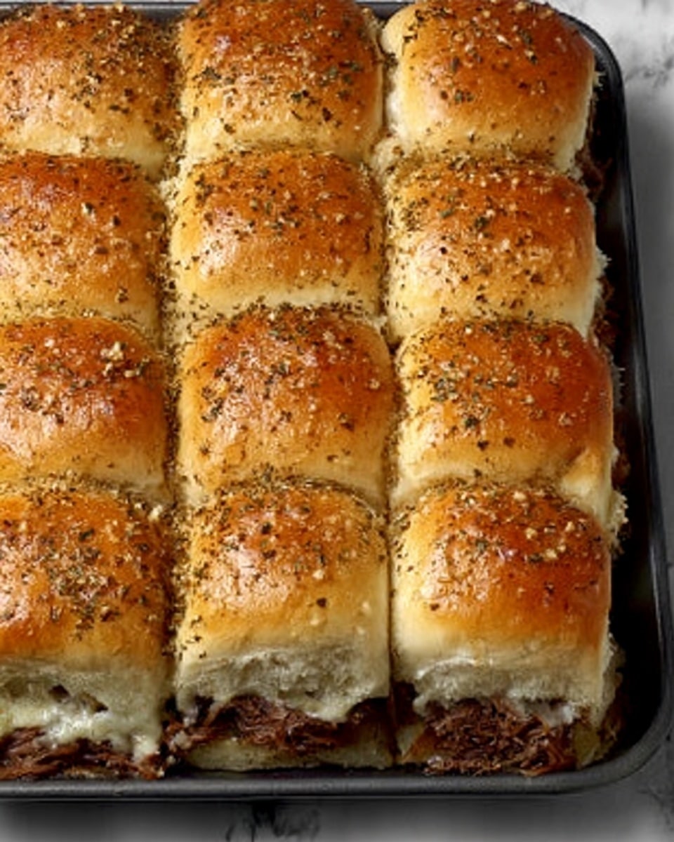 This image shows a baking pan filled with 12 soft sandwiches arranged in a 3 by 4 grid. Each sandwich has a shiny golden brown top sprinkled with herbs and some seeds, showing a slight texture from the baked bread. The sandwiches are slightly puffy and touch each other, creating a connected tray of buns. The visible filling between the layers is shredded meat with a moist texture and dark brown color, peeking out from the lower part of the sandwiches. The scene sits on a white marbled texture surface. Photo taken with an iphone --ar 4:5 --v 7