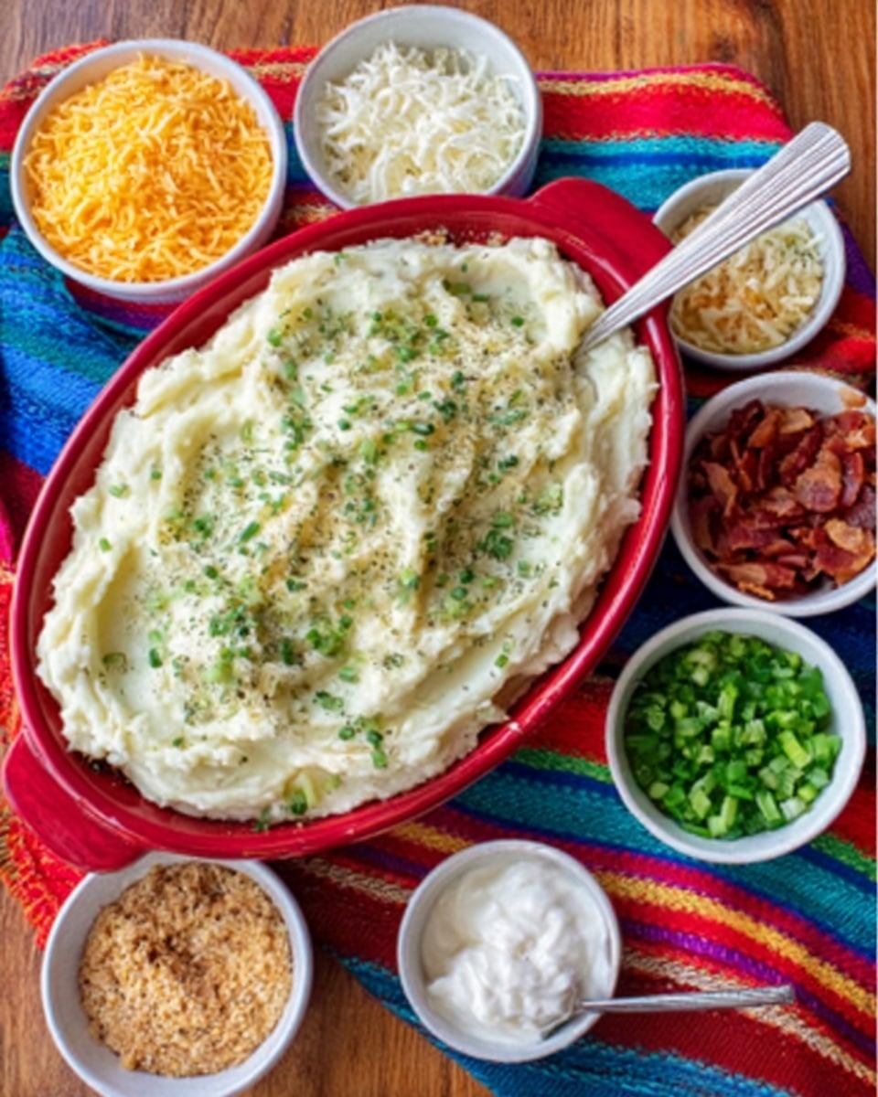 A red oval dish filled with creamy mashed potatoes topped with green herb sprinkles, a silver spoon resting inside. Surrounding the main dish, there are six small white bowls arranged on a colorful striped cloth over a wooden surface. The bowls contain shredded yellow cheese, light brown crumbs, chopped green onions, crumbled white cheese, reddish bacon pieces, and white sour cream with a silver spoon. Photo taken with an iphone --ar 4:5 --v 7