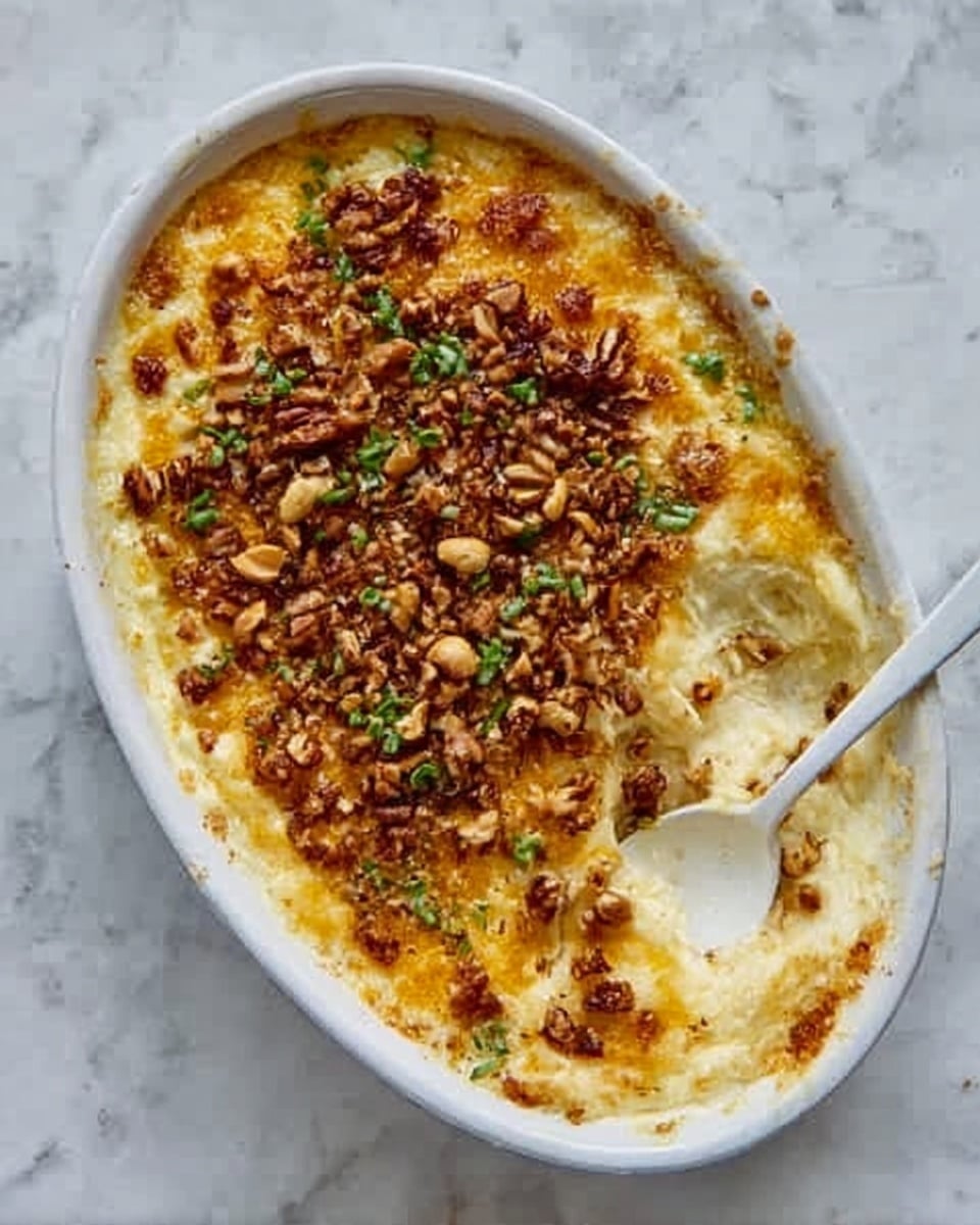 A white oval dish filled with a creamy, pale yellow baked topping that has a golden brown crust in some spots. On top, there is a layer of chopped nuts with some small pieces of bright green herbs scattered evenly. A white spoon is partially inside the dish scooping out some of the creamy food. The dish is placed on a white marbled surface. Photo taken with an iphone --ar 4:5 --v 7