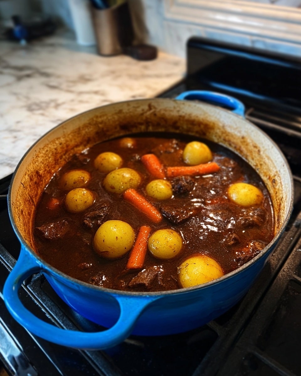 The image shows a blue pot filled with a dark brown stew. Inside the stew, there are several small yellow potatoes and orange carrot pieces spread on top. The stew looks thick and rich, covering chunks of meat at the bottom and middle layers. The pot sits on a black stove, and the background is a white marbled surface. photo taken with an iphone --ar 4:5 --v 7