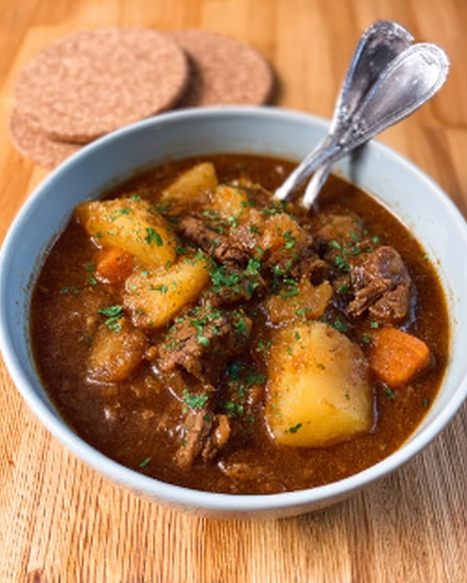 A white bowl filled with a thick stew showing several pieces of brown meat and large chunks of light brown potato in a rich, dark brown broth. The stew is sprinkled with green herbs on top, adding contrast. Two shiny silver spoons rest inside the bowl, placed side by side. The bowl is set on a light wood surface with two round cork coasters slightly blurred in the background. Photo taken with an iphone --ar 4:5 --v 7