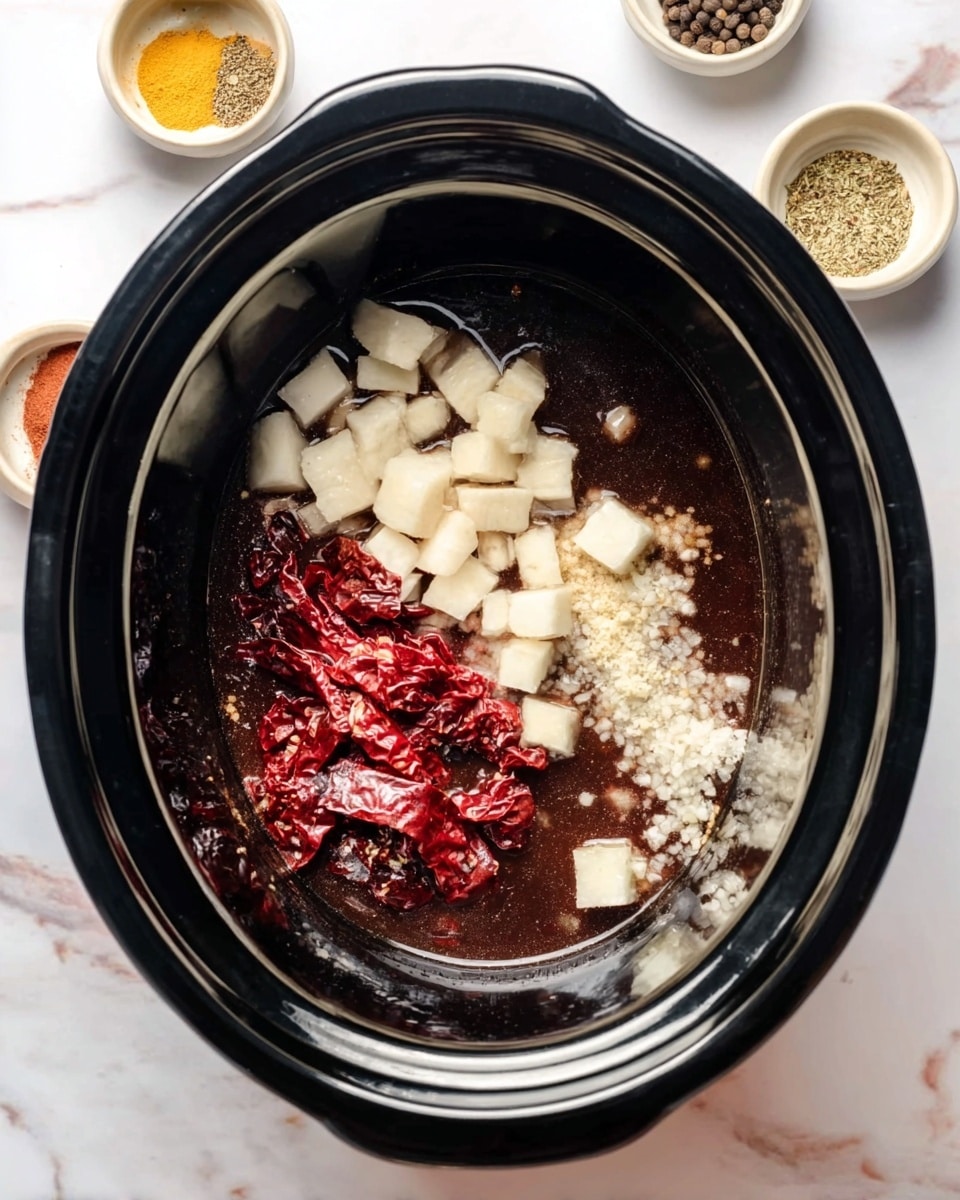 In a black slow cooker, there are several ingredients layered at the bottom. The base is dark brown sauce that covers the bottom. On top of this sauce, there are small pale beige cubes spread on one side. Next to these cubes, there are red dried peppers lying close together. Scattered over the sauce and ingredients are tiny bits of a white substance. The slow cooker sits on a white marbled surface with small white and yellow spice bowls nearby. Photo taken with an iphone --ar 4:5 --v 7