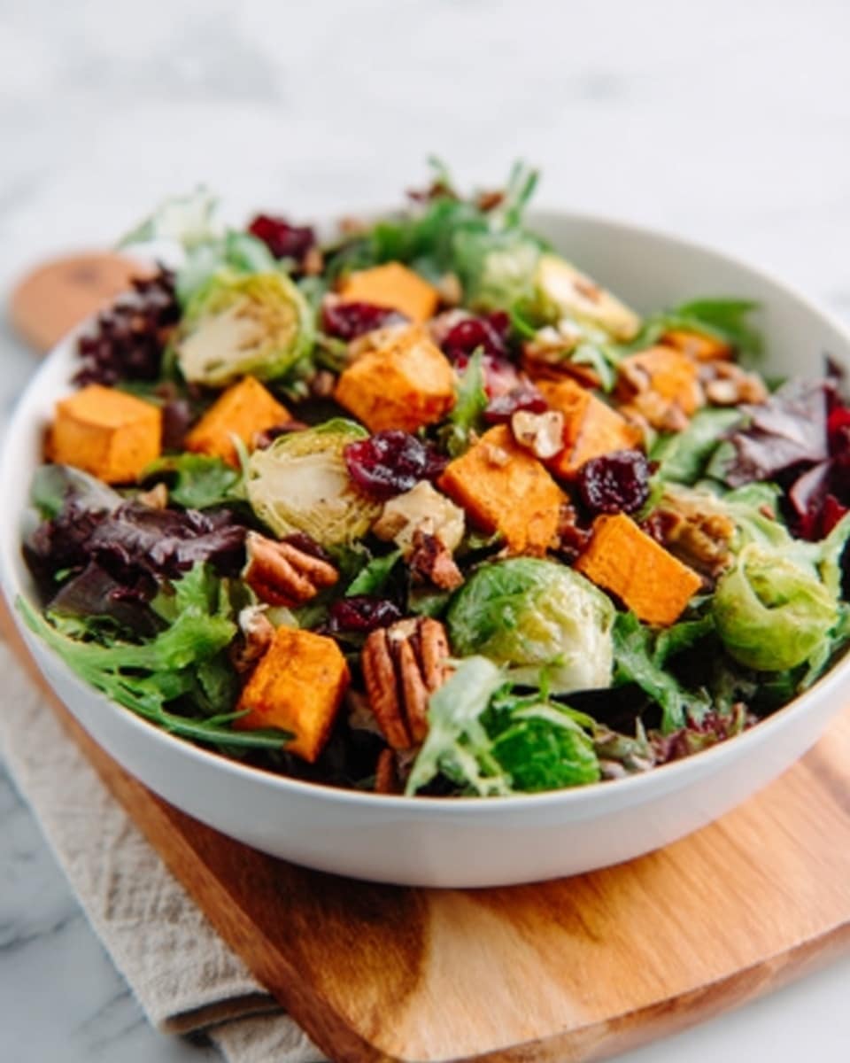 A white bowl filled with a fresh salad sits on a light wooden board over a white marbled surface. The salad has several layers starting with mixed green lettuce leaves covering the base, followed by bright orange roasted sweet potato cubes scattered evenly on top. There are also small roasted Brussels sprouts, some pecan nuts adding texture, and a few dark red dried cranberries spread across. The colors contrast nicely with an overall fresh and colorful look. The photo taken with an iphone --ar 4:5 --v 7