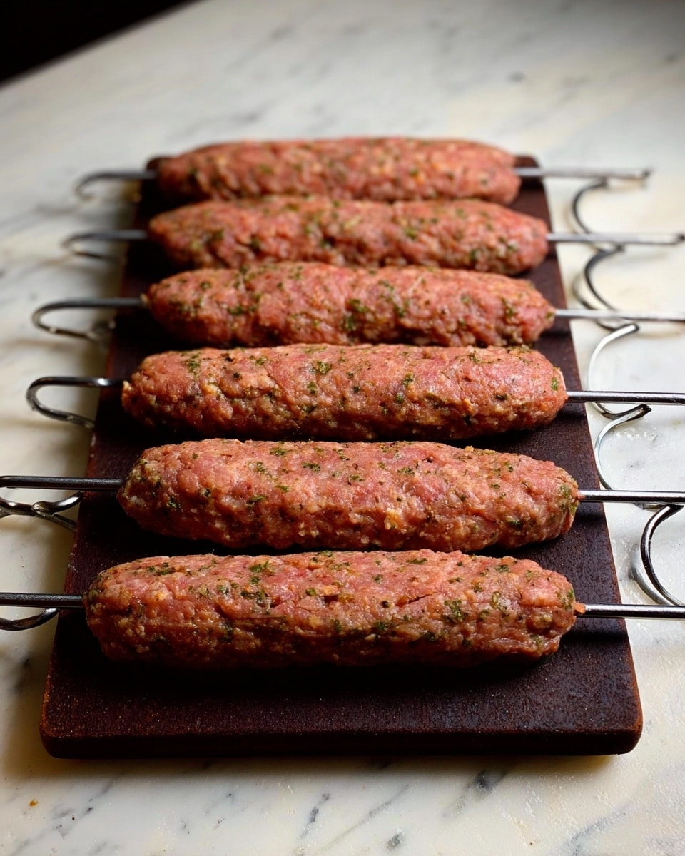 The image shows six elongated meat kebabs placed in a row on a white marbled textured surface with a dark brown rectangular board underneath. Each kebab is molded around a metal skewer with a loop at the end. The kebabs have a raw, pinkish color with visible small bits of green herbs and spices throughout, giving a rough and slightly crumbly texture. The scene is simple and focused on the raw kebabs, showing their detailed texture and seasoning clearly. photo taken with an iphone --ar 4:5 --v 7