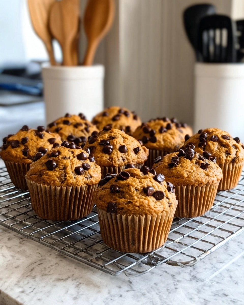 The image shows nine chocolate chip muffins arranged on a metal cooling rack on a white marbled surface. Each muffin is golden brown with a slightly rough texture and topped with many dark chocolate chips, some slightly melted. The muffins have ridged paper liners wrapped around their base. In the background, there is a white container holding wooden and black kitchen utensils, placed against a light-colored wall and cabinetry. photo taken with an iphone --ar 4:5 --v 7