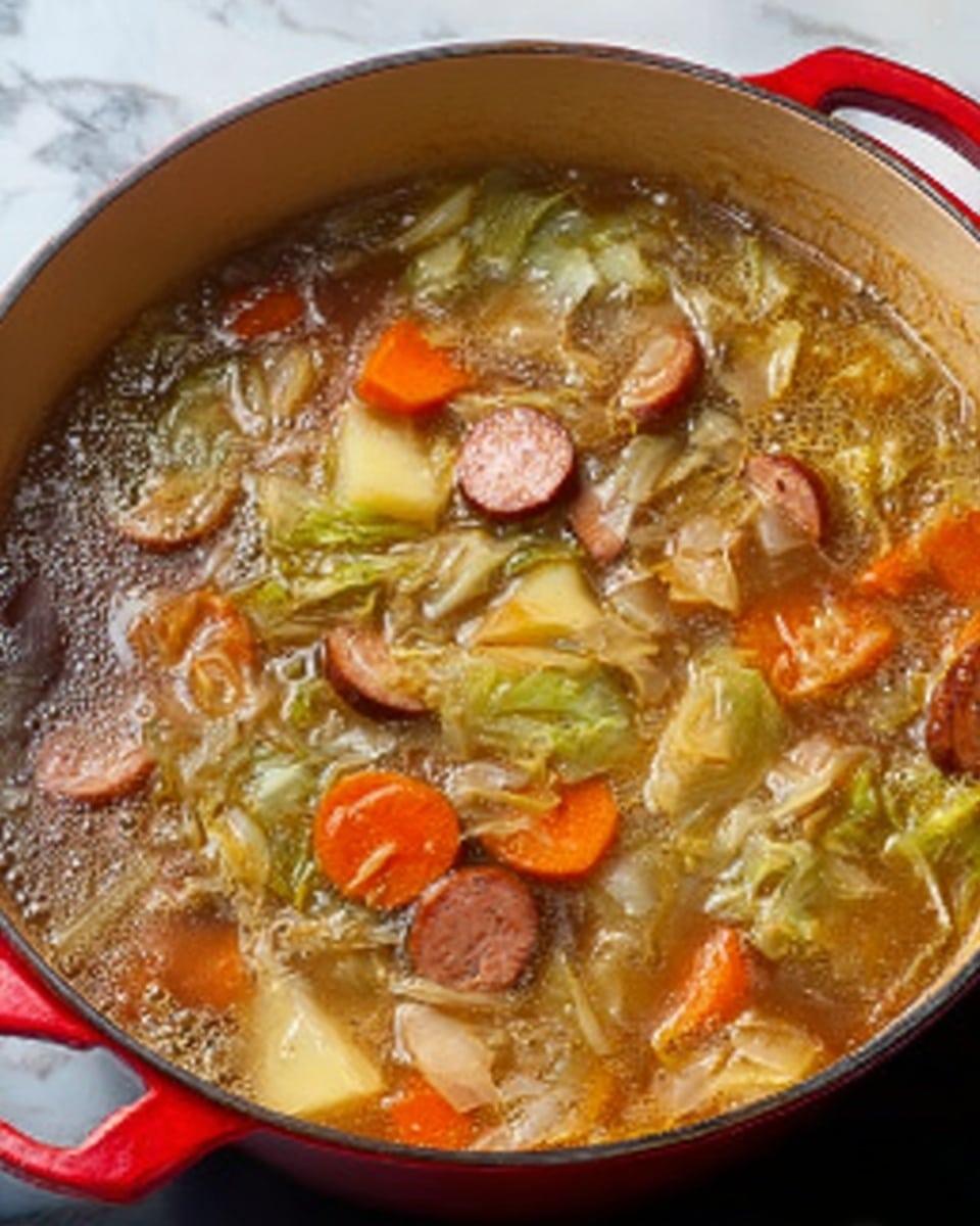 The image shows a red cooking pot filled with a thick soup or stew. The soup has many visible layers including slices of light brown sausage, orange carrot pieces, light green cabbage, and chunks of pale potato. The broth is brown and looks rich and slightly oily on top. Small bubbles on the surface show it is hot and simmering. The textures of the vegetables and sausage contrast with the smooth liquid. The pot sits on a white marbled surface. photo taken with an iphone --ar 4:5 --v 7