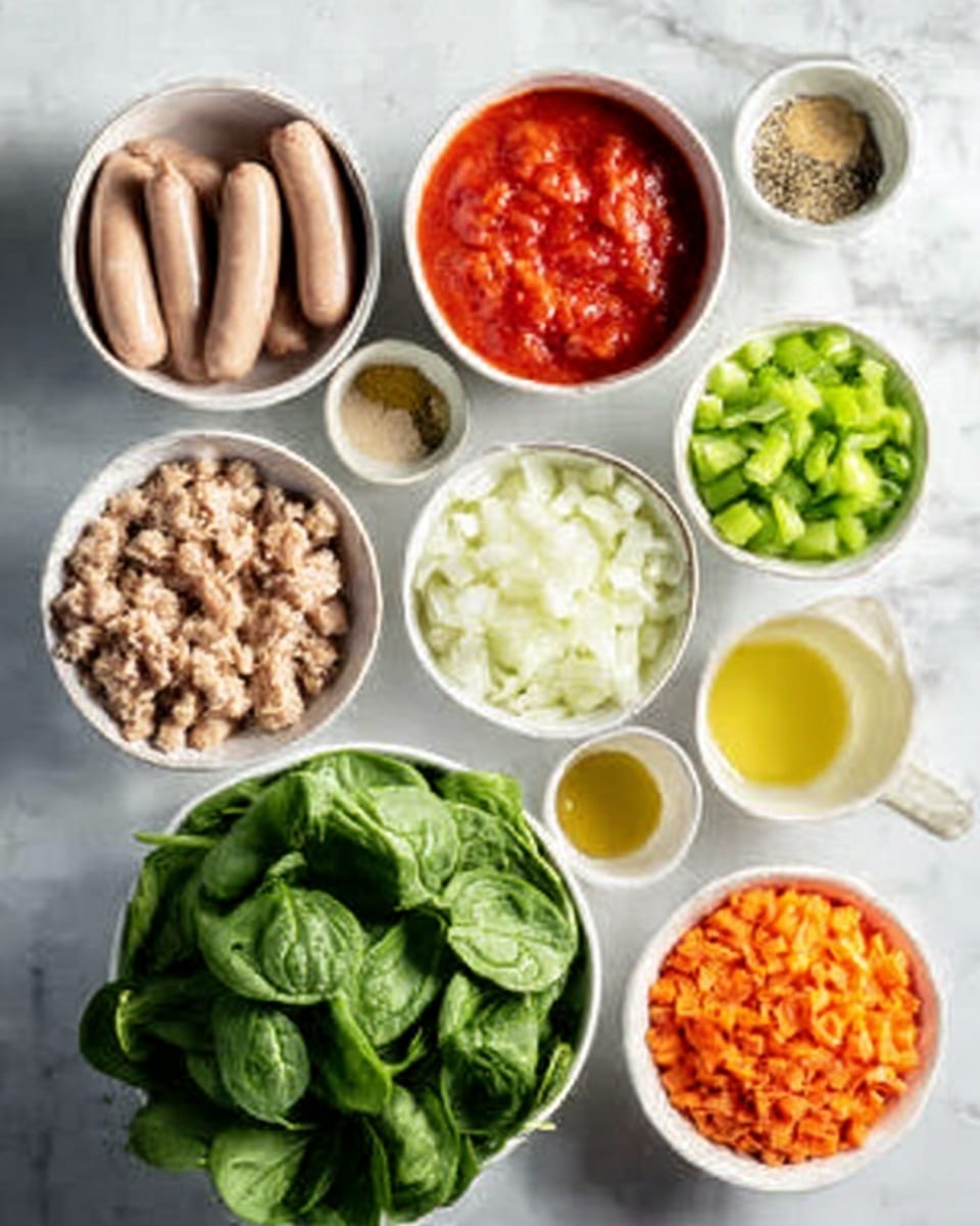 The image shows several white bowls arranged on a white marbled surface, each holding different ingredients for cooking. There are four light beige sausages placed in one bowl. Another bowl is filled with bright red tomato sauce, while a separate bowl holds white chopped onions. There is a bowl with green celery pieces and another bowl containing finely chopped orange carrots. A larger white bowl is filled with fresh dark green spinach leaves. Small containers hold various seasonings and a pale yellow liquid, likely oil. The arrangement is neat, ingredients are fresh and colorful, and the light creates soft natural shadows. photo taken with an iphone --ar 4:5 --v 7