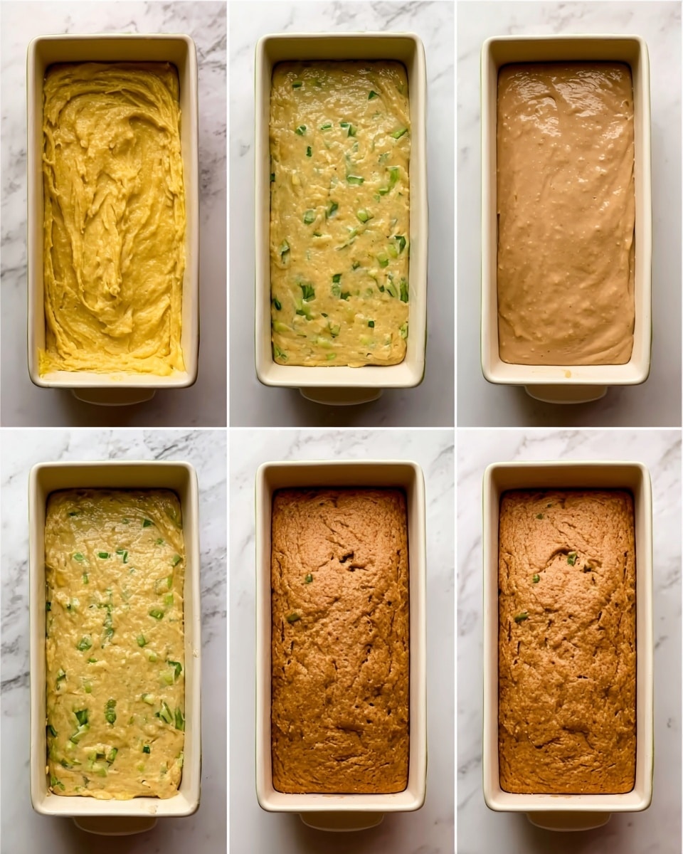 The image shows a sequence of six close-up shots of a rectangular white baking pan with batter inside. The first image has a thick, yellow batter with green specks spread through it. The second picture features the same pan filled with a smooth, light brown batter. The third and fifth images show the yellow batter again with visible green ingredients evenly mixed, while the fourth and sixth images return to the brown batter, which in the last shot looks cooked and risen with a rough, golden crust on top. The pan is placed on a white marbled surface. photo taken with an iphone --ar 4:5 --v 7