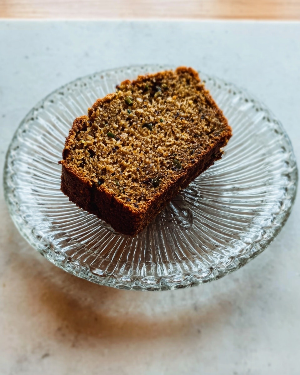The image shows a single thick slice of brown bread with visible bits of seeds and herbs inside, placed in the center of a clear glass plate with a patterned design. The bread has a slightly rough texture and a dark brown crust on the sides, with a moist and dense interior. The plate rests on a white marbled surface that softly reflects light. There is no other item or decoration in the background. Photo taken with an iphone --ar 4:5 --v 7