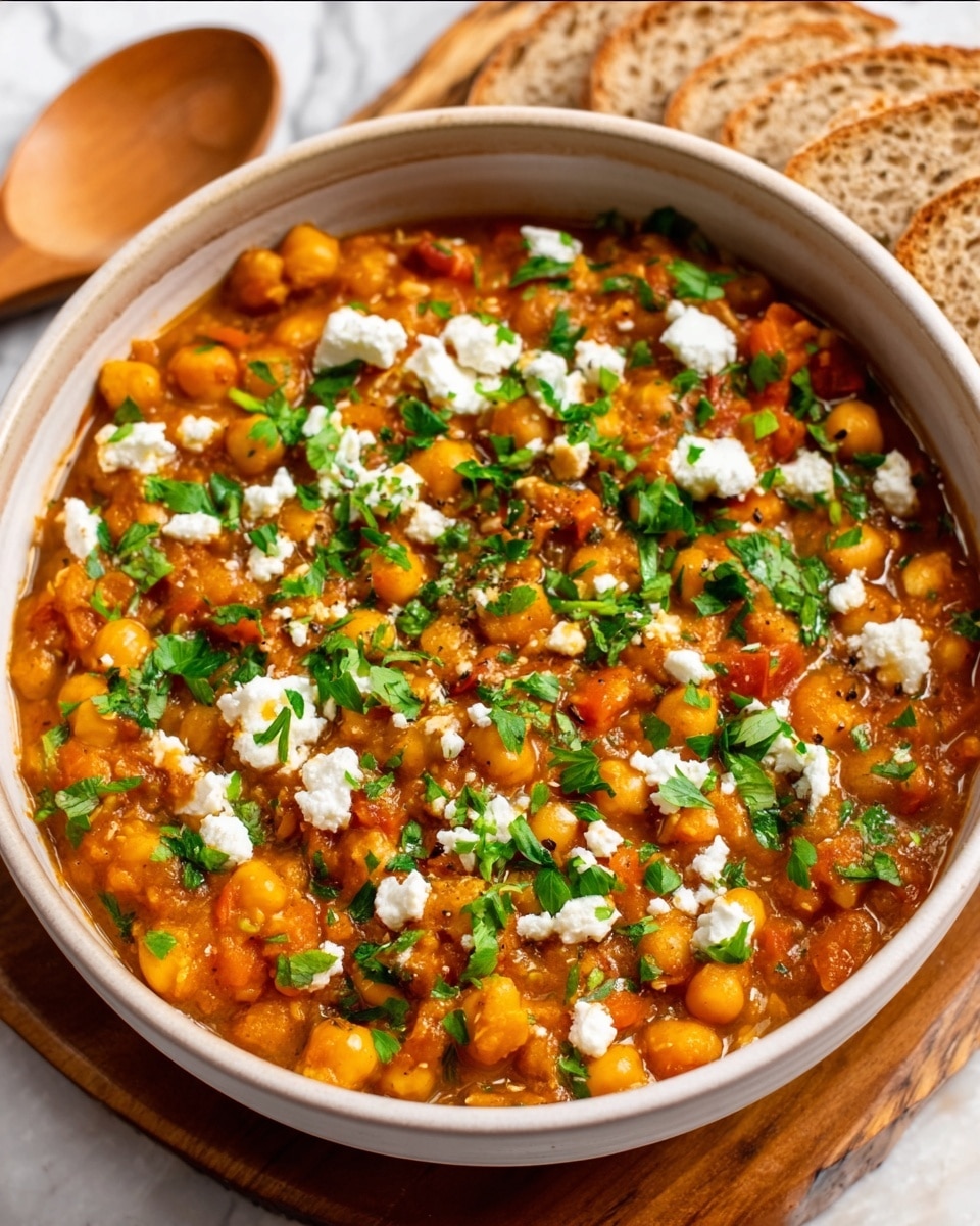The image shows a white bowl filled with a thick chickpea stew that is orange-brown in color with visible chunks of tomatoes and herbs mixed throughout. The stew is topped with small crumbles of white cheese and fresh green chopped parsley scattered evenly on top. The bowl is placed on a wooden surface next to slices of brown bread, all set against a white marbled background. The overall look is warm and rustic with a contrast between the bright stew, fresh green herbs, and creamy white cheese. Photo taken with an iphone --ar 4:5 --v 7