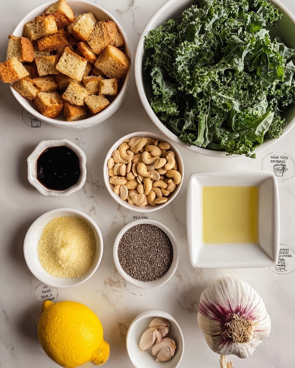 The image shows a flat lay of various ingredients on a white marbled surface. The largest bowl at the bottom contains fresh, dark green curly kale leaves filling it fully. At the top left, there is a white bowl filled with golden brown toasted bread cubes. To its right, two white bowls hold light brown cashew nuts and striped sunflower seeds with their shells. Near the center, smaller white bowls contain grated light yellow cheese with a chunk, pink salt and black pepper mixed, pale yellow nutritional yeast, dark thick balsamic glaze, and a whole bright yellow lemon alongside a whole garlic bulb with purple and white skin. There is an empty small square white dish to the right of the lemon. photo taken with an iphone --ar 4:5 --v 7