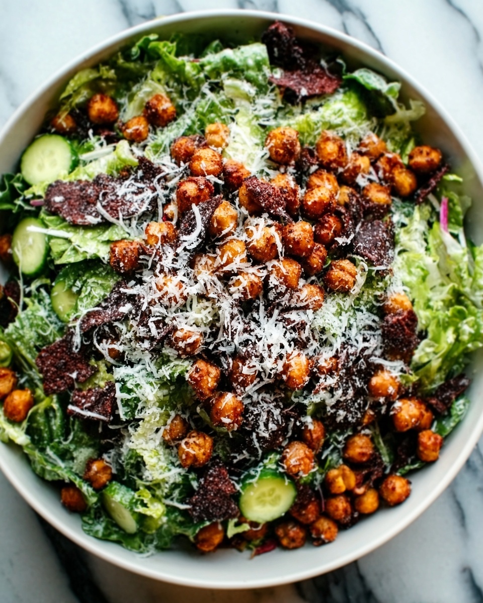 A white bowl filled with a fresh salad sits on a white marbled surface. The salad has several layers: a base of green leafy lettuce mixed with small cucumber slices, topped with crispy roasted chickpeas that are golden brown, and finished with dark roasted crispy pieces scattered on top. There is a fine layer of grated white cheese sprinkled over everything. The colors mix green, dark brown, golden, and white. Photo taken with an iphone --ar 4:5 --v 7