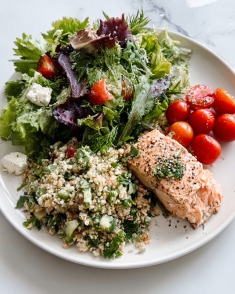The image shows a bowl with several fresh ingredients arranged in layers. On one side, there are light beige chickpeas next to chopped purple onions. Below, small bright red cherry tomatoes and red mini peppers are placed together. In the middle, there is a pile of finely chopped green herbs. On the lower left side, white crumbled cheese is spread out, while on the lower right, green cucumber pieces and yellow bell pepper chunks are visible. The inside of the bowl is metallic, and the background is a white marbled surface. Photo taken with an iphone --ar 4:5 --v 7