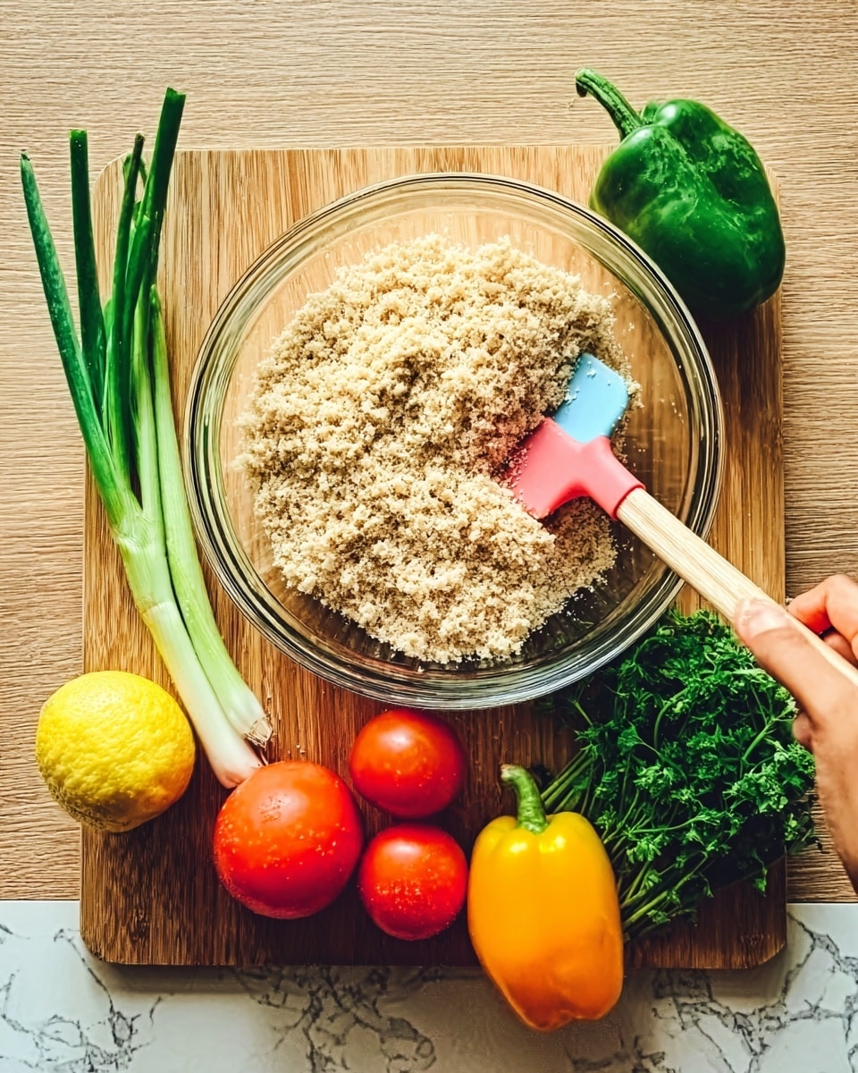 A clear glass bowl filled with a mixture of light beige grains or crushed crackers is set on a wooden surface. A woman's hand is holding a pink and blue spatula inside the bowl, stirring the mixture. Below the bowl is a wooden cutting board holding fresh vegetables and herbs: two green onions on the left, a yellow lemon, two bright red tomatoes, a long orange and green pepper, a bunch of vibrant green parsley, and a small bunch of green herbs on the right. The background is a white marbled texture. photo taken with an iphone --ar 4:5 --v 7