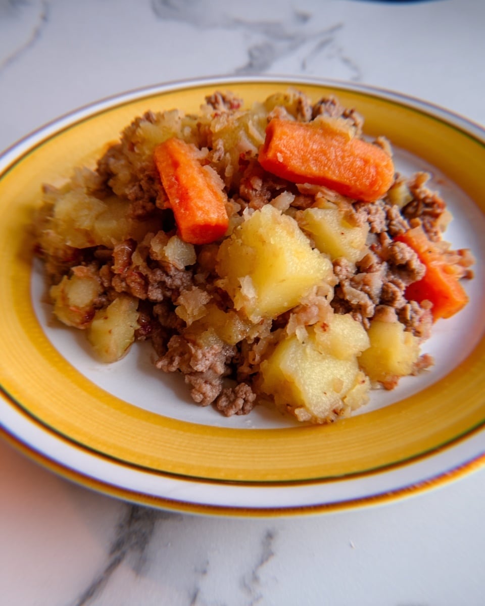 The image shows a close-up of a dish served on a white plate with a yellow border, placed on a white marbled surface. The dish consists of several layers: at the bottom, there is a mix of minced meat, finely chopped and browned; on top of the meat, there are chunks of potatoes with a light golden-brown texture; alongside the potatoes, several pieces of cooked carrots add orange color to the dish. The overall texture looks soft and slightly moist. The photo has a casual, homemade feel with the food piled loosely on the plate. Photo taken with an iphone --ar 4:5 --v 7