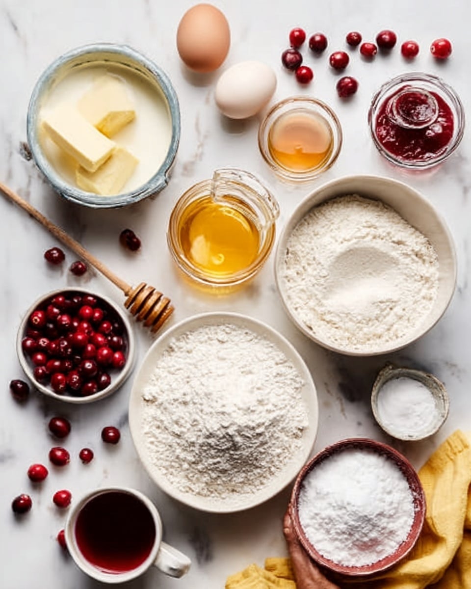 The image shows multiple white bowls and glass containers arranged on a white marbled surface. There is a bowl filled with white flour with a smooth texture, two eggs placed near it, a small bowl of sugar, and a glass jar of honey with a shiny golden color. A wooden honey dipper rests beside the honey jar. Several bright red cranberries are scattered around the bowls, adding a pop of color. A white bowl with a creamy light texture and a larger white bowl hold flour and other dry ingredients. A clear glass container filled with milk, a cup with dark red liquid, and a few small bowls with white powders are also visible. A woman's hand is holding a small bowl with flour, and a soft yellow cloth is partially seen on the edge. Photo taken with an iphone --ar 4:5 --v 7