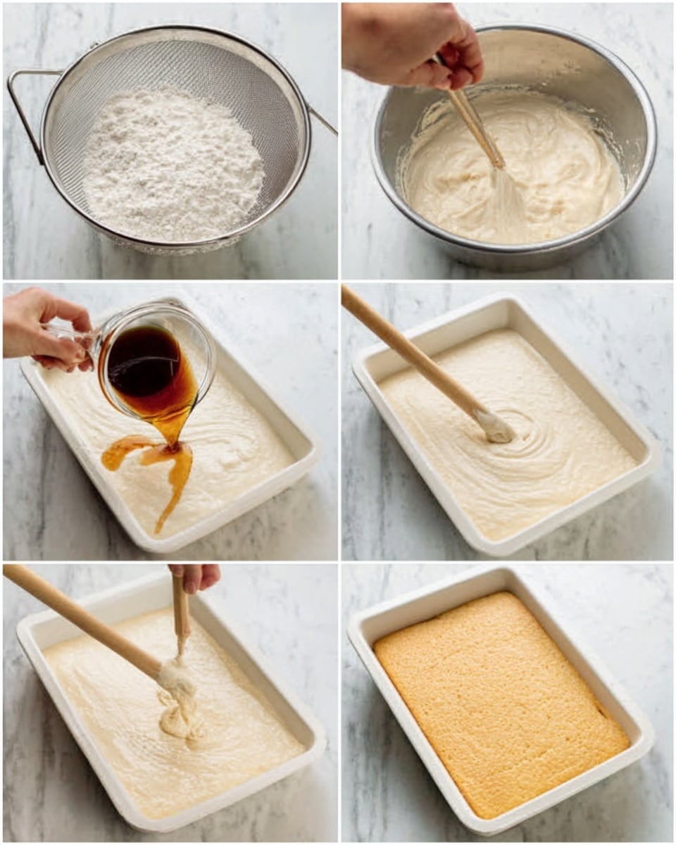 The image shows six steps of making a smooth, light-colored batter. The first step has white flour in a fine mesh sieve above a stainless steel bowl. The next step shows the batter mixed with a wooden spoon, creamy and thick. The third step shows a woman's hand pouring vanilla extract and a small amount of liquid into the batter. The fourth step shows the thick batter being mixed with the wooden spoon. The fifth picture shows a smooth, thick batter spread evenly in a white baking tray. The last image shows a golden baked cake with a smooth top in the same white tray. The background surface is a white marbled texture. Photo taken with an iphone --ar 4:5 --v 7