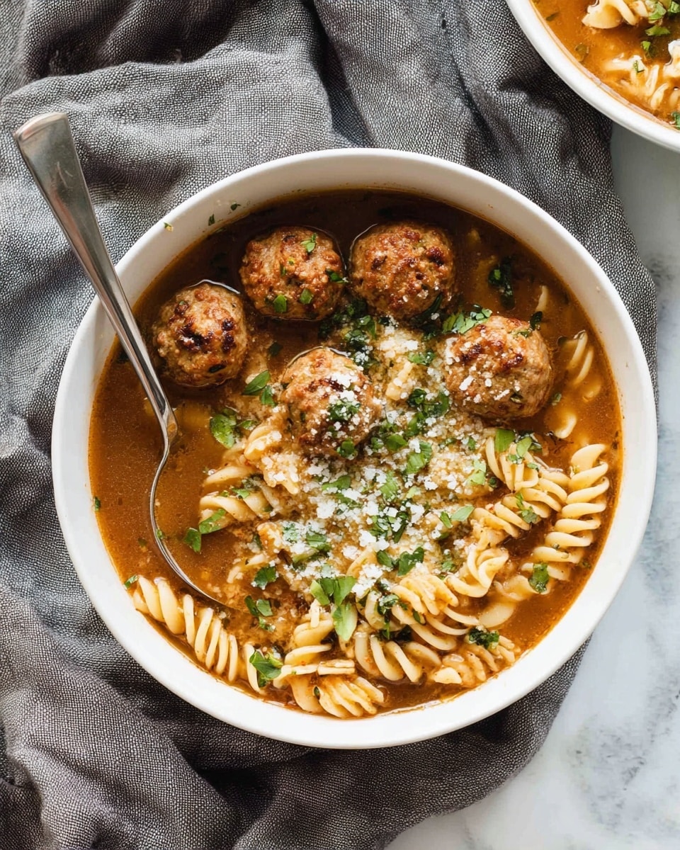 A white bowl filled with a warm brown broth holding about eight round meatballs in the center and around one side. Light brown spiral pasta curls are mixed throughout, partially submerged in the broth. The dish is topped with a sprinkling of white grated cheese and small green herb pieces. A silver spoon rests inside the bowl on the left side. The bowl sits on soft, crumpled grey cloth over a white marbled surface. Photo taken with an iphone --ar 4:5 --v 7