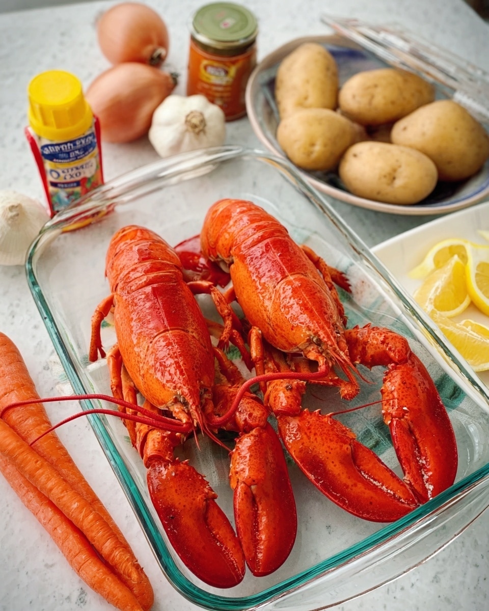The image shows two bright red cooked lobsters placed side by side in a clear glass dish. The lobsters have a shiny, smooth shell texture and are positioned with their claws facing forward at the bottom edge of the dish. Around the dish, ingredients like whole potatoes in beige and light brown colors, white and orange carrots, lightly colored onions, a can of seasoning, a bottle of seafood broth with a yellow cap, and a plate with lemon wedges are visible. Everything is set on a white marbled surface. photo taken with an iphone --ar 4:5 --v 7